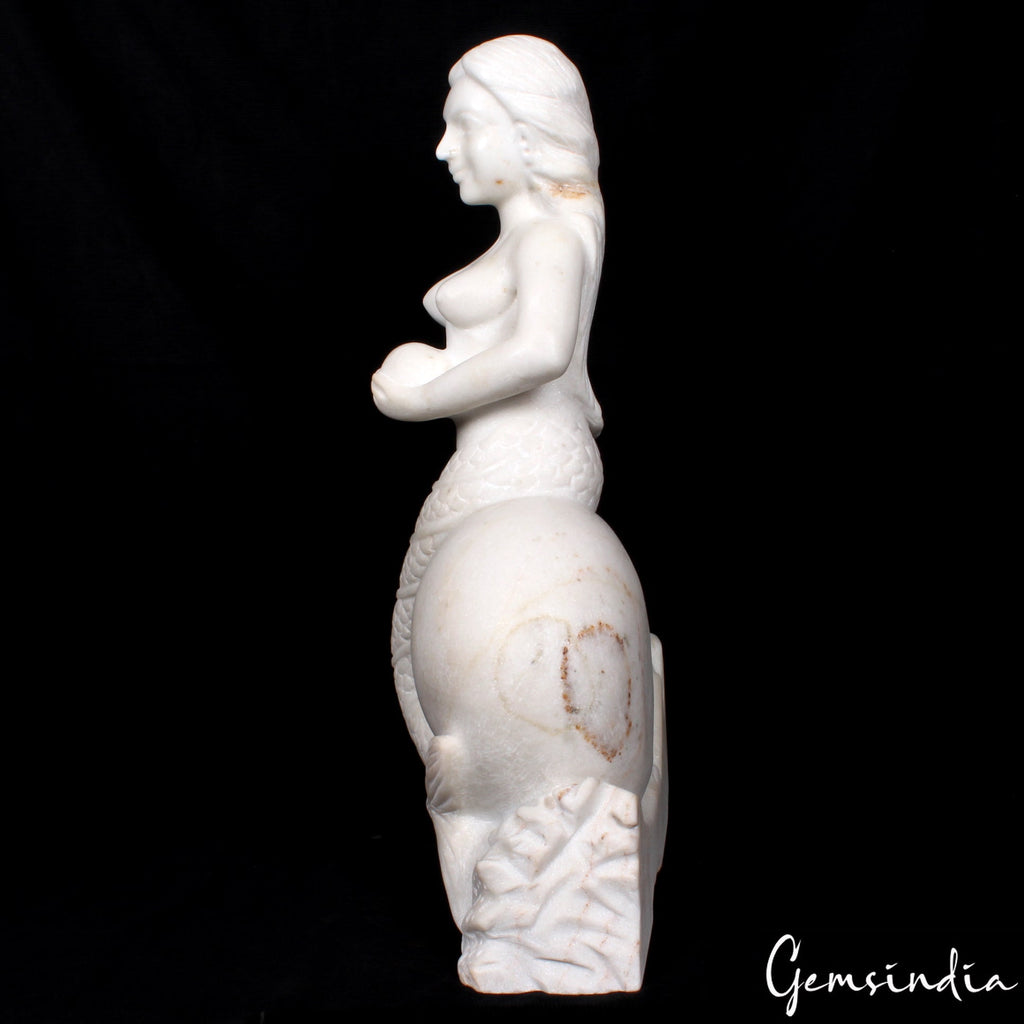 18" Tal Beautiful Mermaid Sitting on Rock Statue Sculpture Figurine White Marble