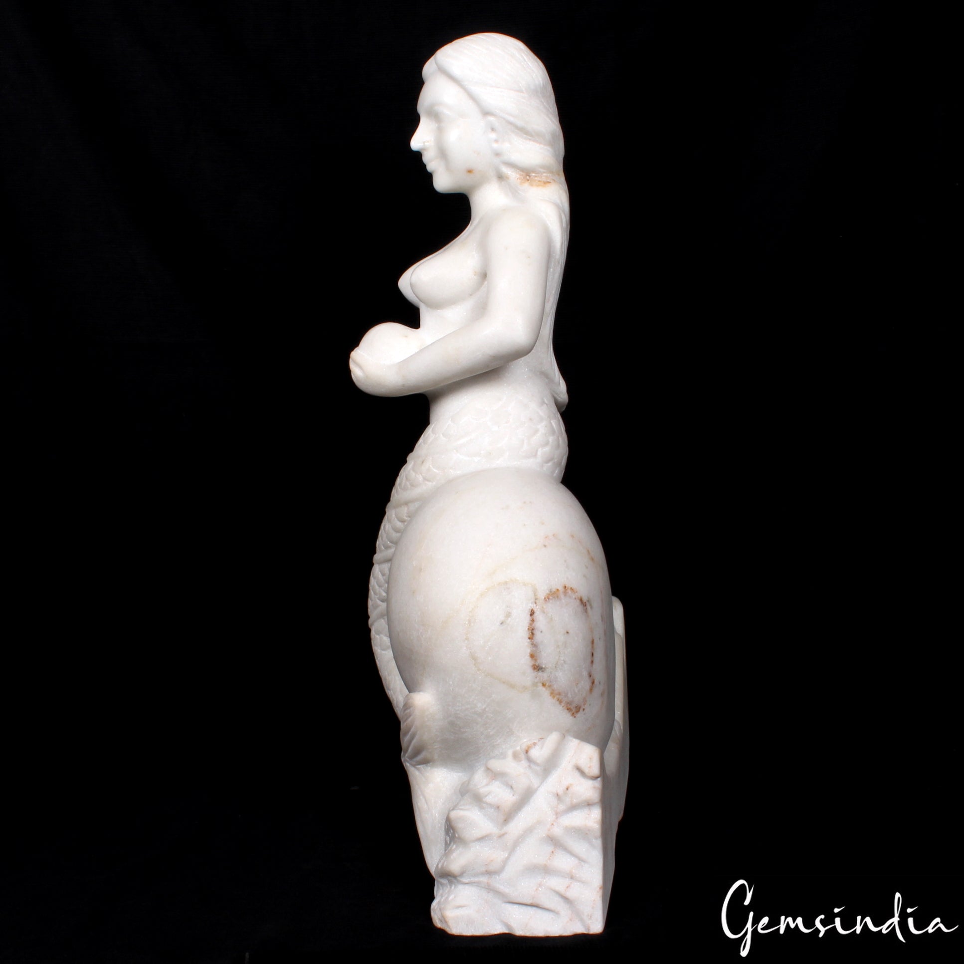 18" Tal Beautiful Mermaid Sitting on Rock Statue Sculpture Figurine White Marble