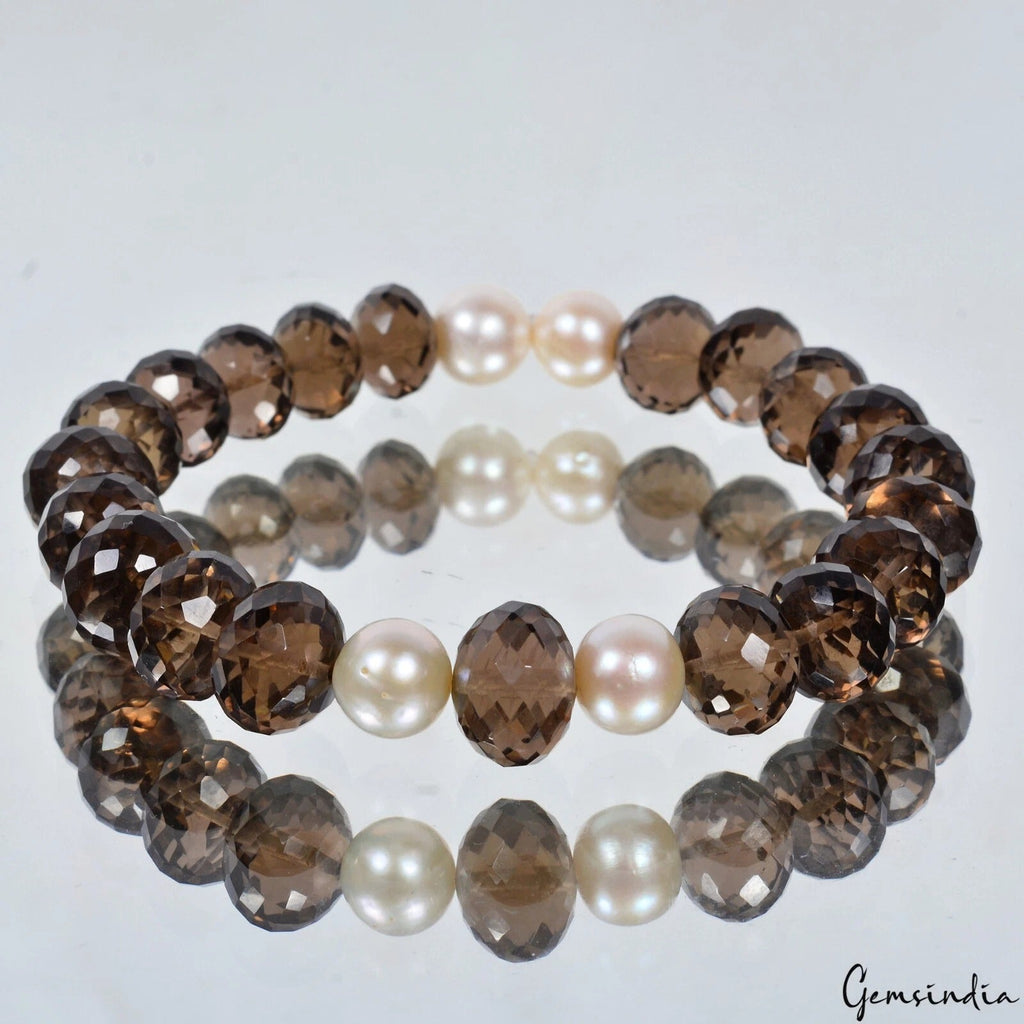 101.40 Ct Natural Brown Smoky Quartz & Pearl Beaded Stretch Handmade Bracelet-7"