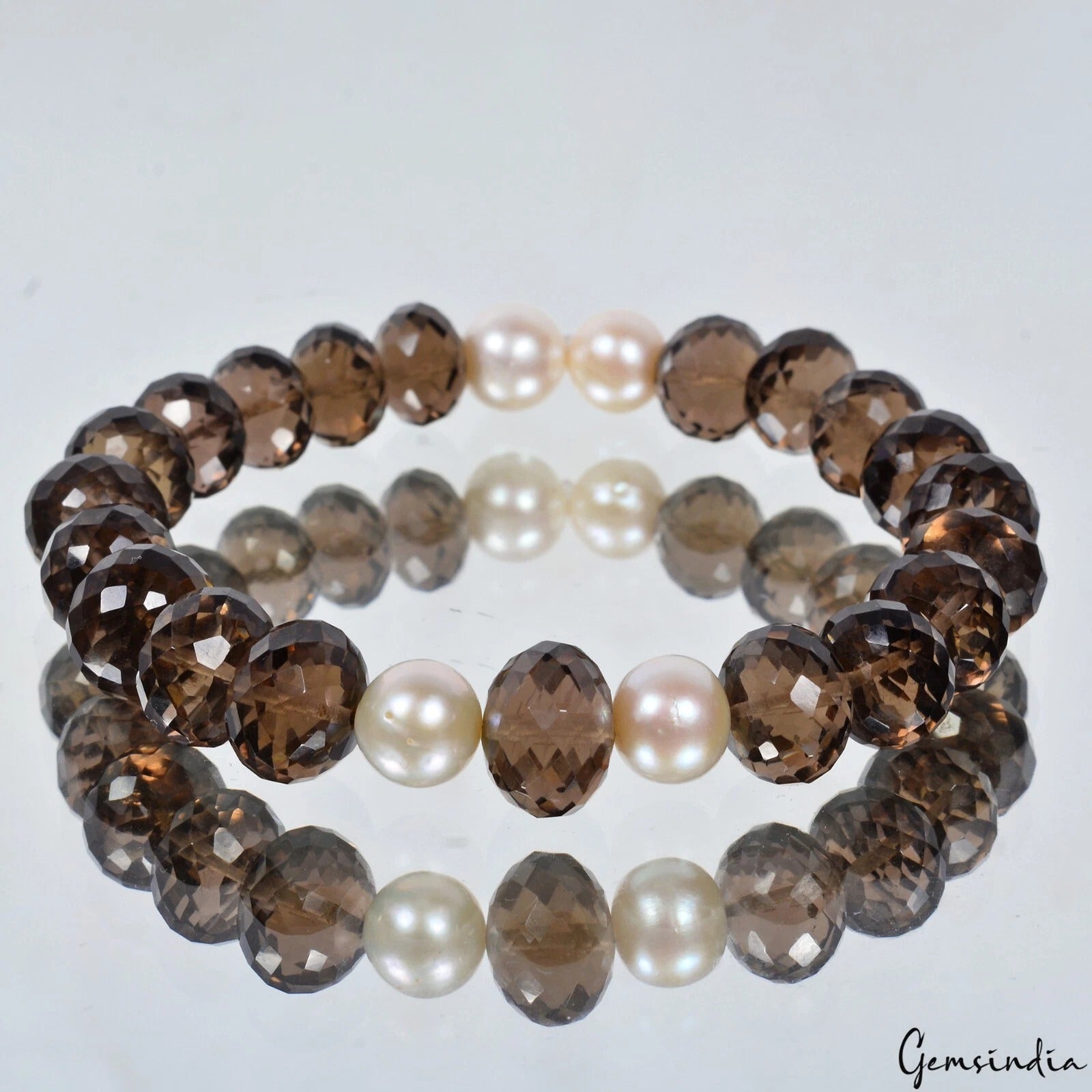 101.40 Ct Natural Brown Smoky Quartz & Pearl Beaded Stretch Handmade Bracelet-7"
