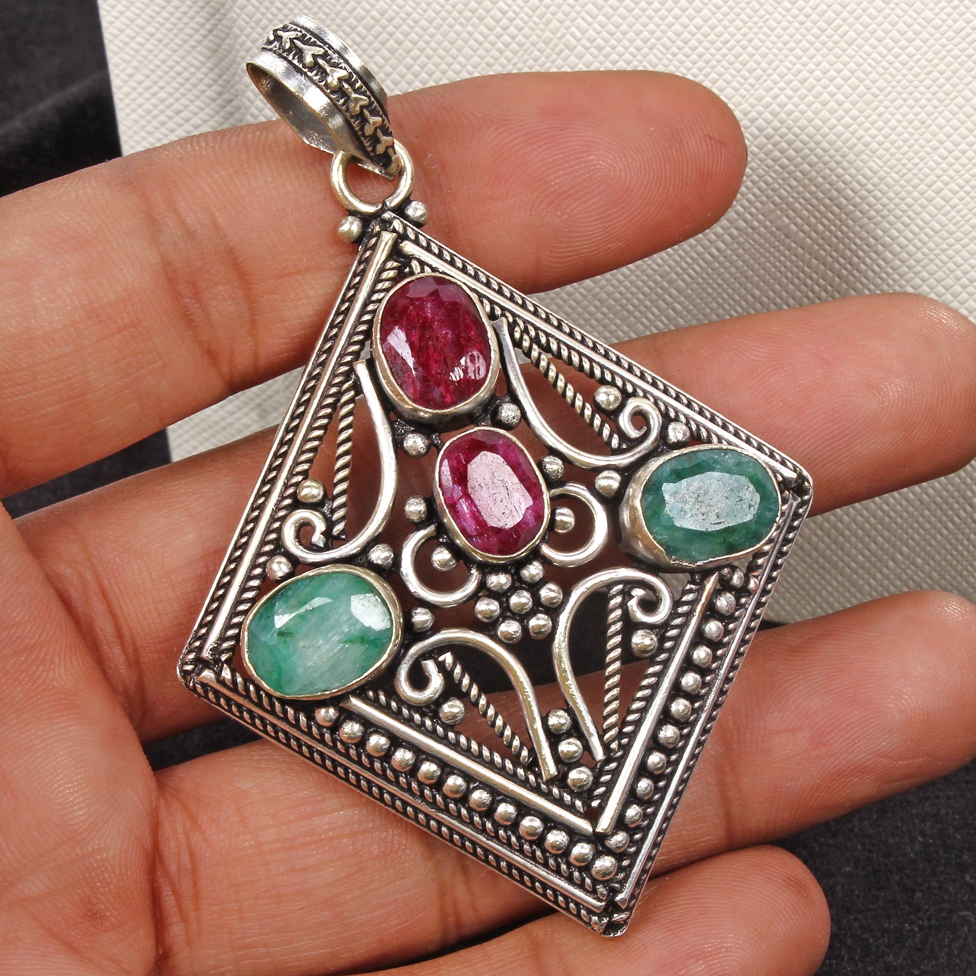 21.20gm Multi Gems Hand Crafted German Silver Pendant Women Jewelry 3 inch
