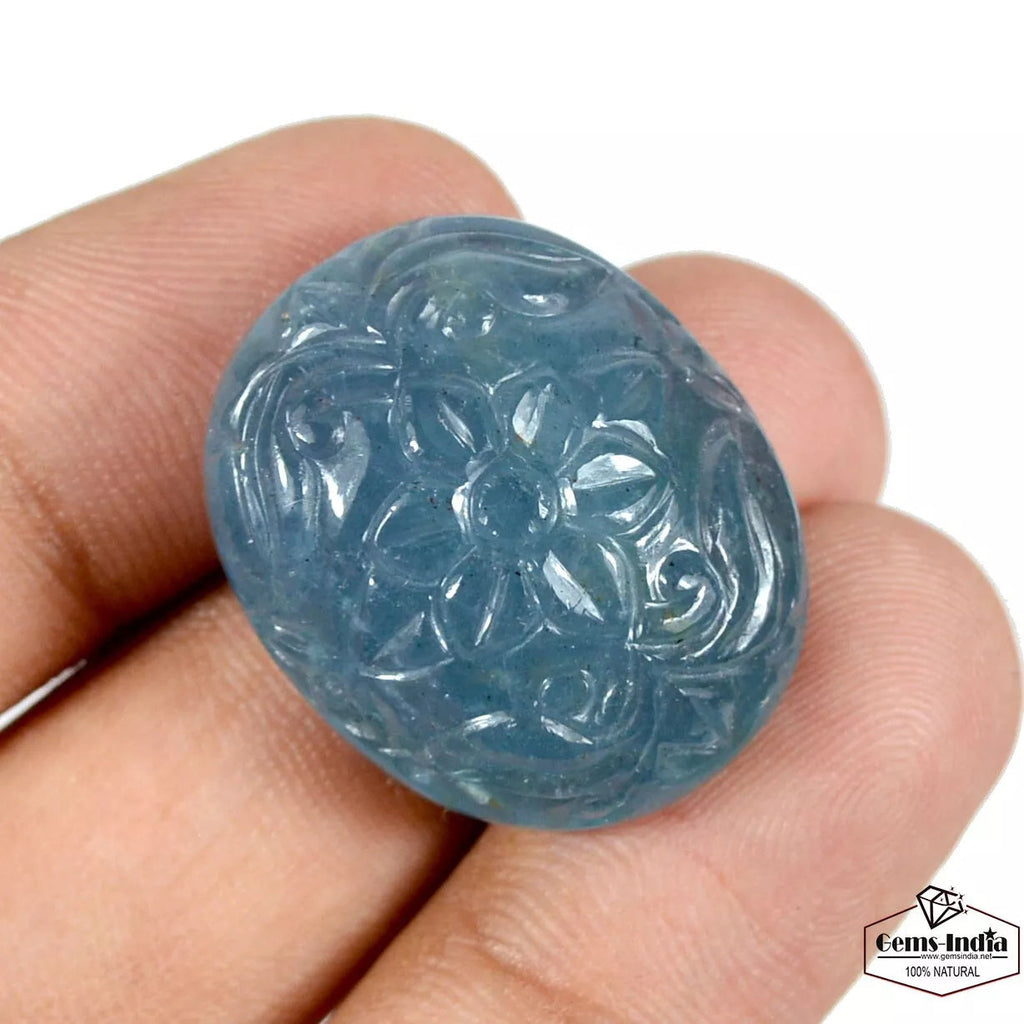 45.70 Cts Floral Carving Natural Blue Aquamarine Oval Shape AAA Grade Gemstone