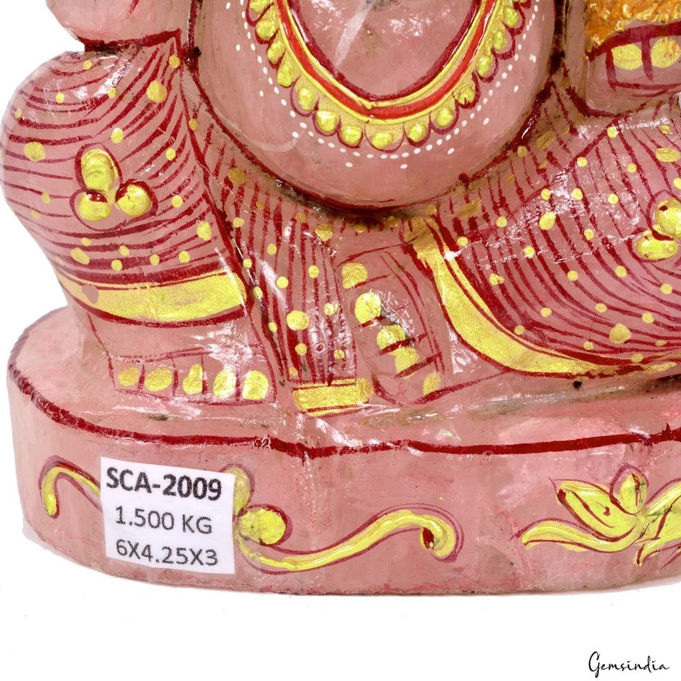 1.5 kilo Natural Pink Rose Quartz Gem Hand Carved Ganesha Gold Paint Statue 6 In