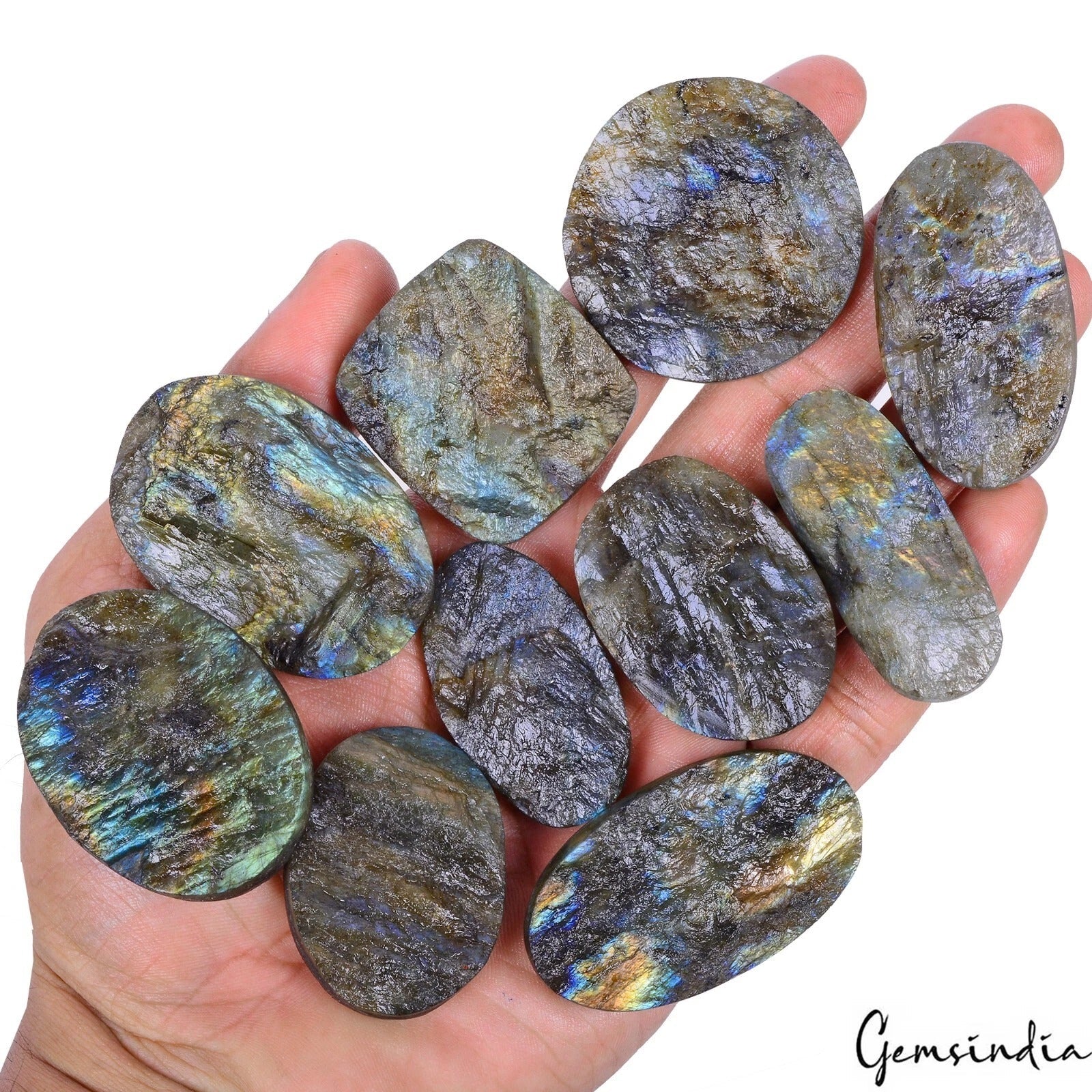 Natural Multi Shine Raw Rough Labradorite 1150 Cts Mix Cut Flat Back Gems Lot