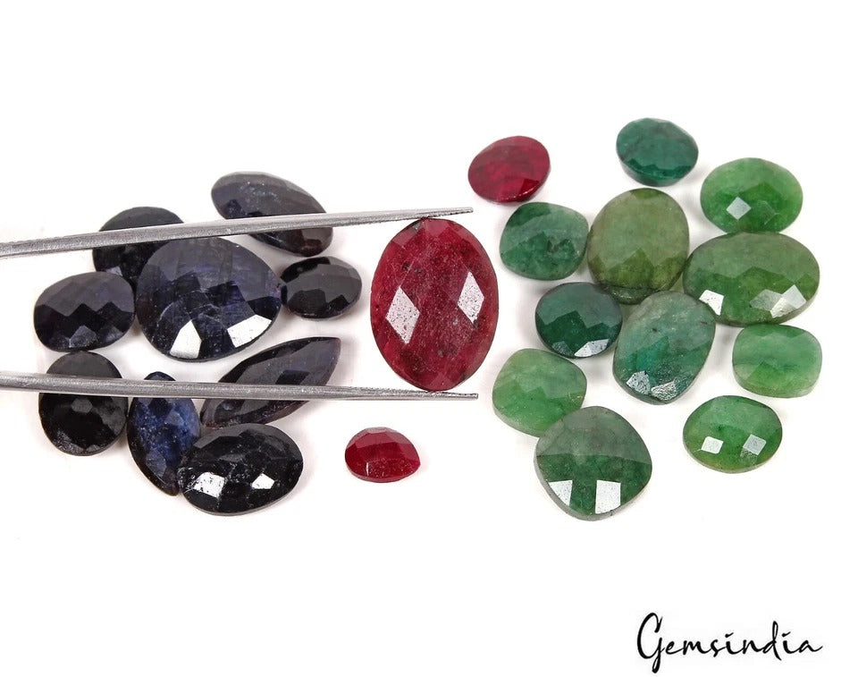 Certified 136 Ct Natural Ruby Emerald & Sapphire Mix Checker Cut Loose Gemstones