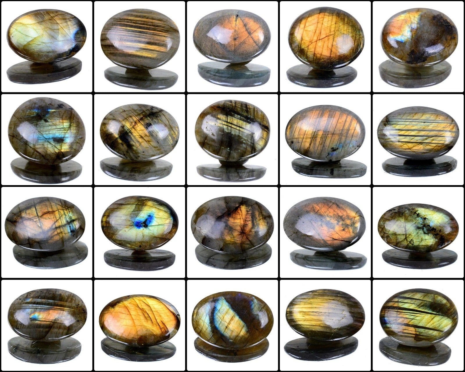 Labradorite Lot, Cabochon, Untreated, Blue — 20 Pieces, 27 mm to 37 mm, 740 Ct