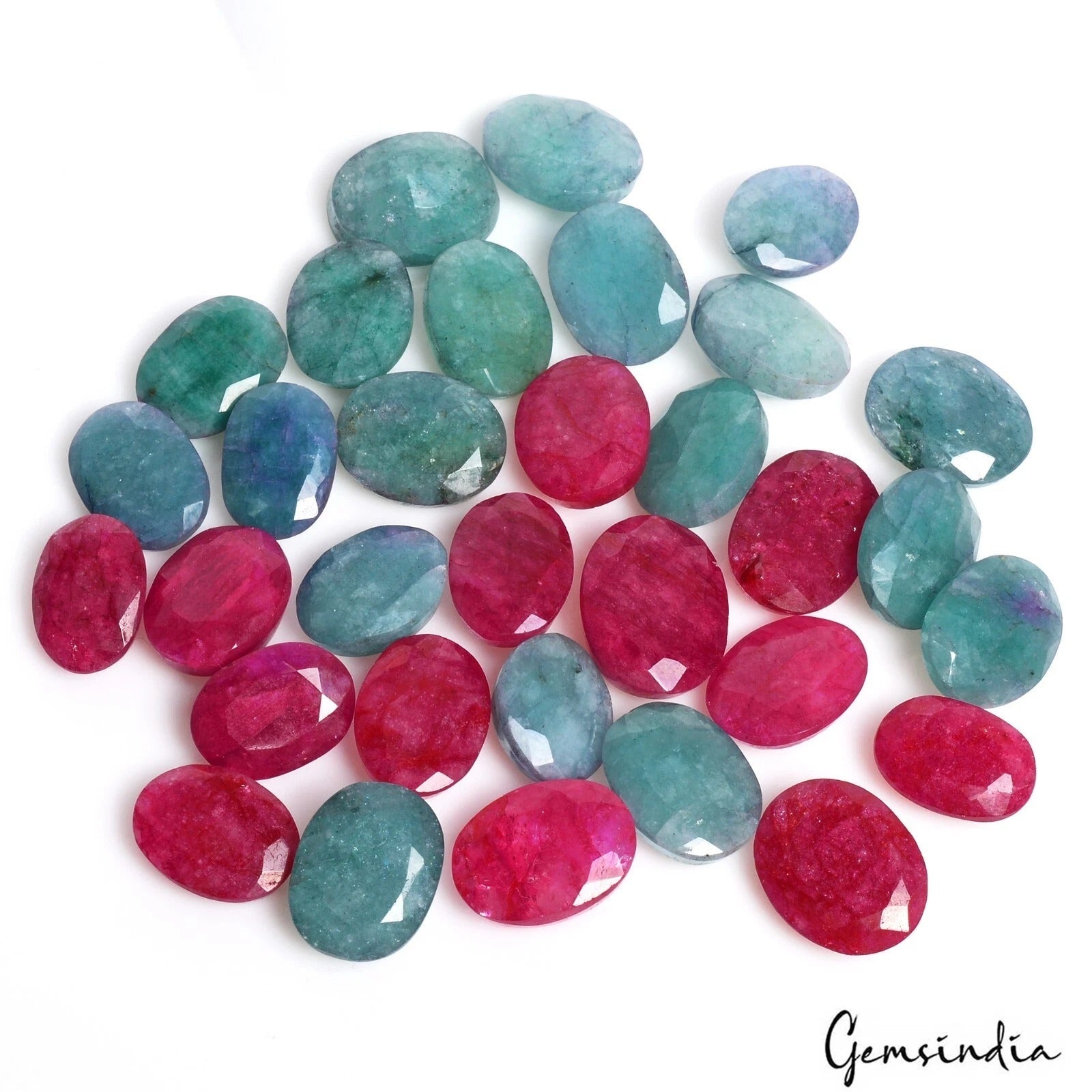 300 Cts/28 Pcs Natural Pink Beryl/Green Emerald Oval Cut Loose Gems For Jewelry