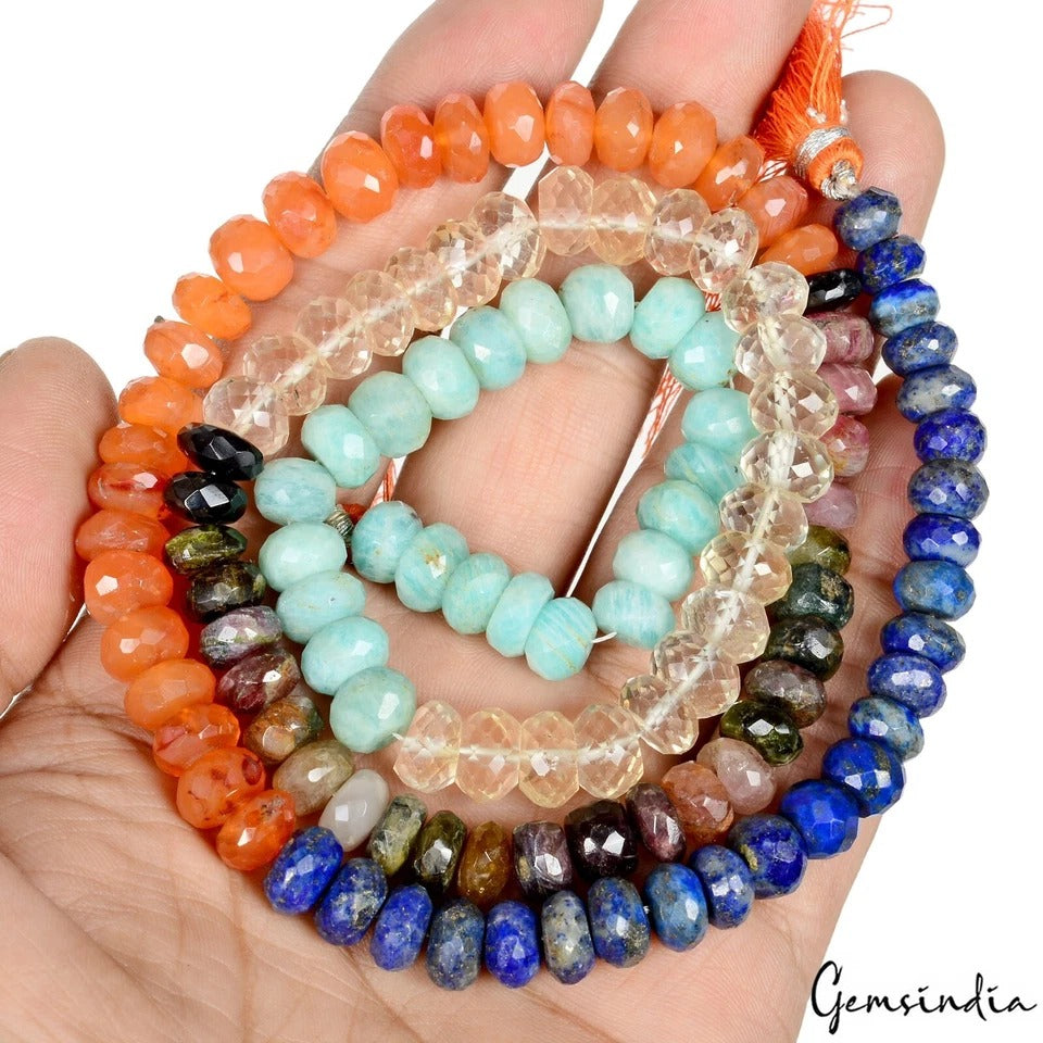 Natural Multi-Gems Faceted Rondelle Beads, 25" Strand Mix 8-10mm Jewelry Making