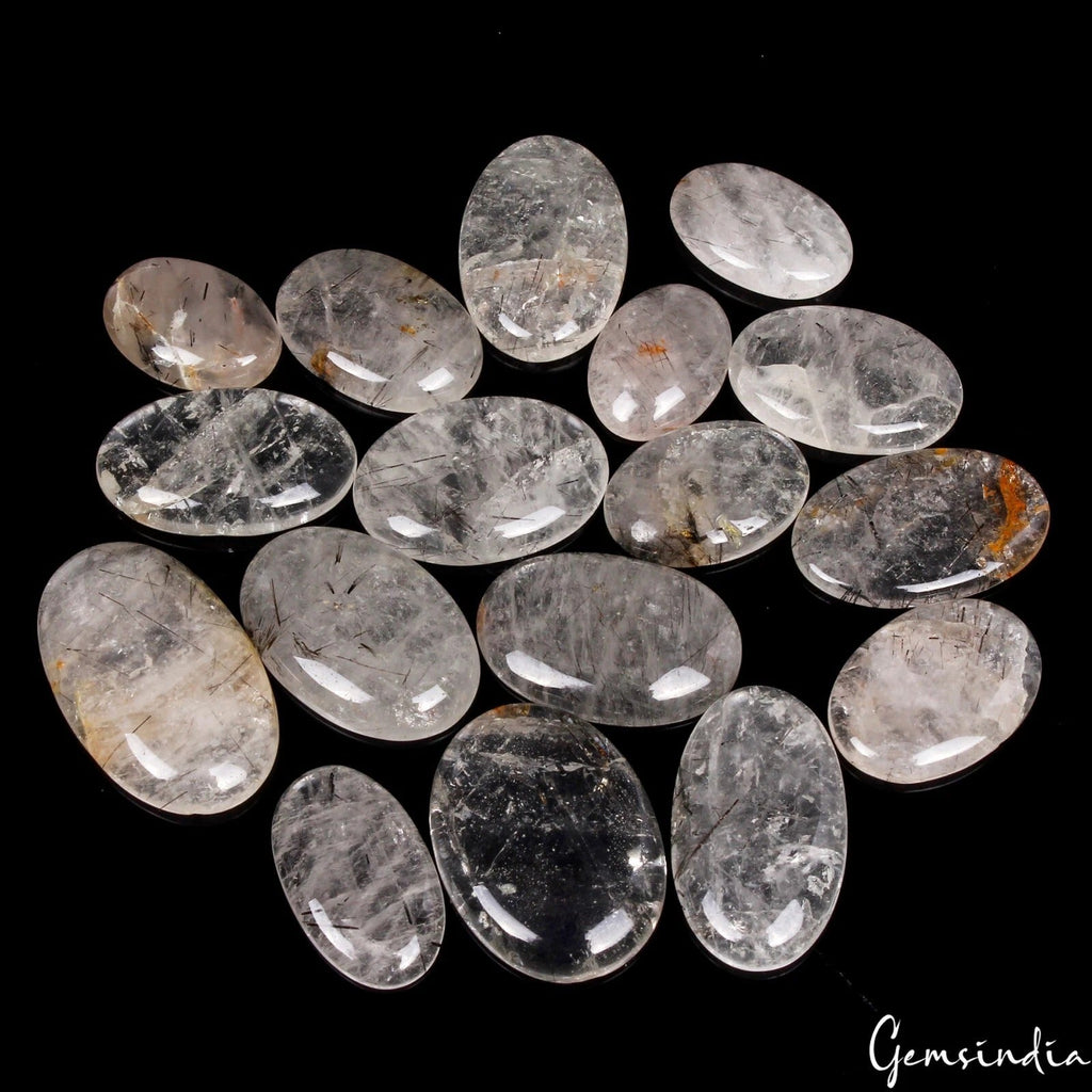 600 Ct/17 Pcs Natural Untreated Black Rutile Quartz Mix Cab Gems Lot For Jewelry