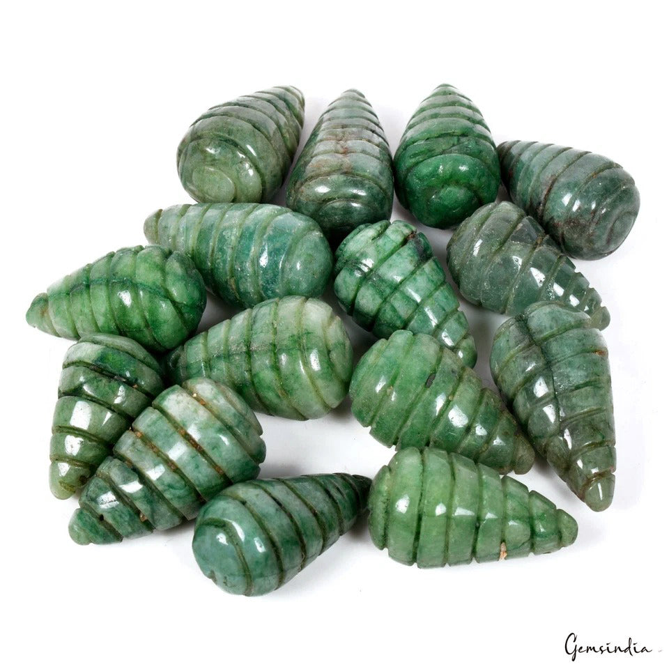 600 Ct Natural Green Emerald Carved Ribbed Briolette Beads 14 Pcs Teardrop Gems