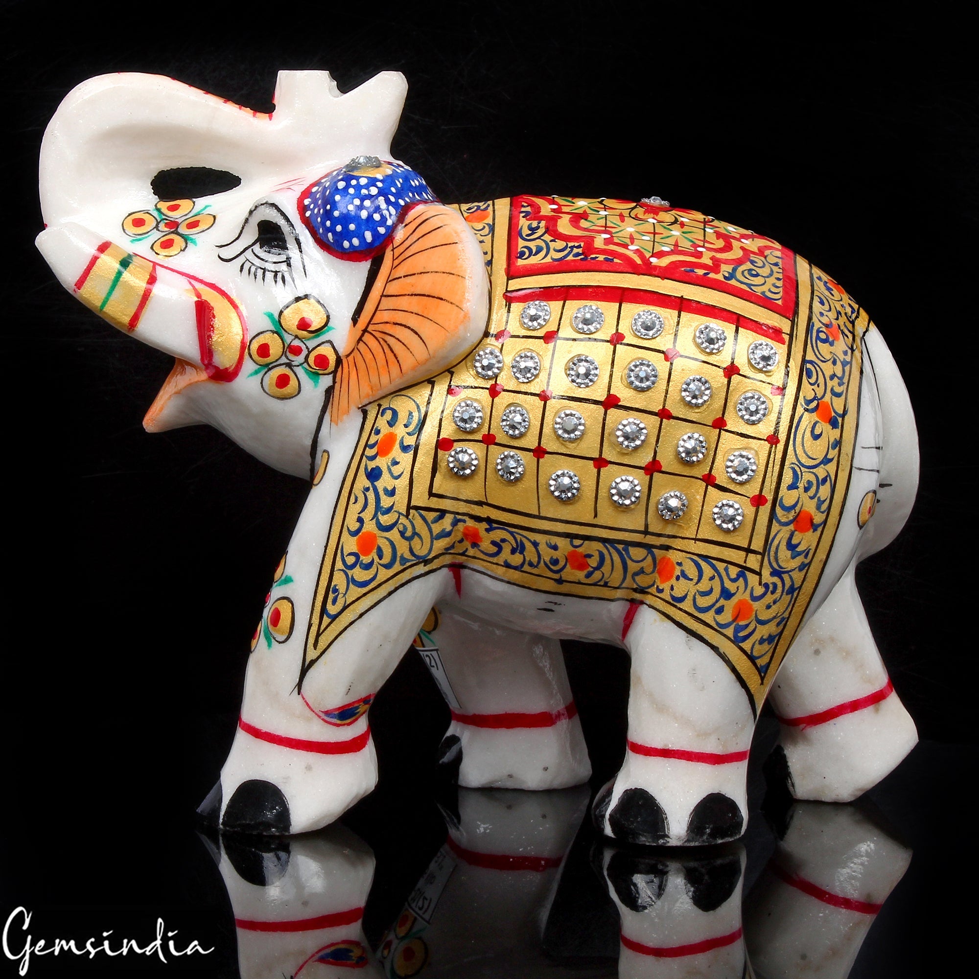 1.3 Kilo Marble Elephant Statue Trunk Up Hand Painted Art Home Decor Sculpture