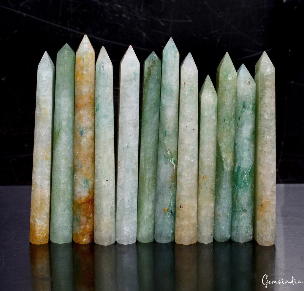 550 Cts/12 pcs Natural Green Aventurine Quartz Obelisk Crystal Wand Point Gems