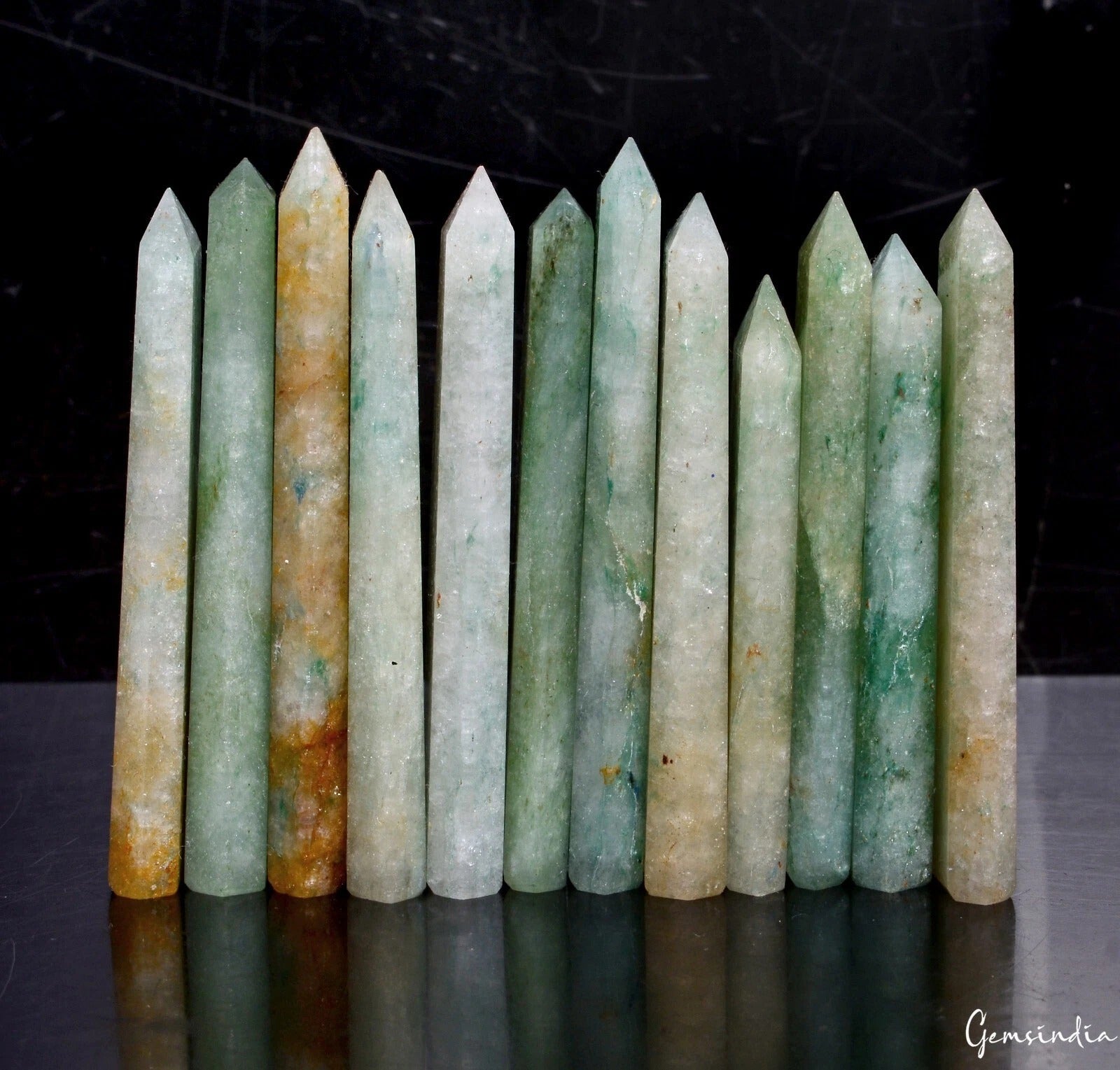550 Cts/12 pcs Natural Green Aventurine Quartz Obelisk Crystal Wand Point Gems