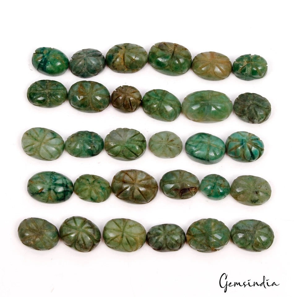 300 Cts Natural Green Brazilian Emerald Oval Shape Carving Loose Gemstone Lot