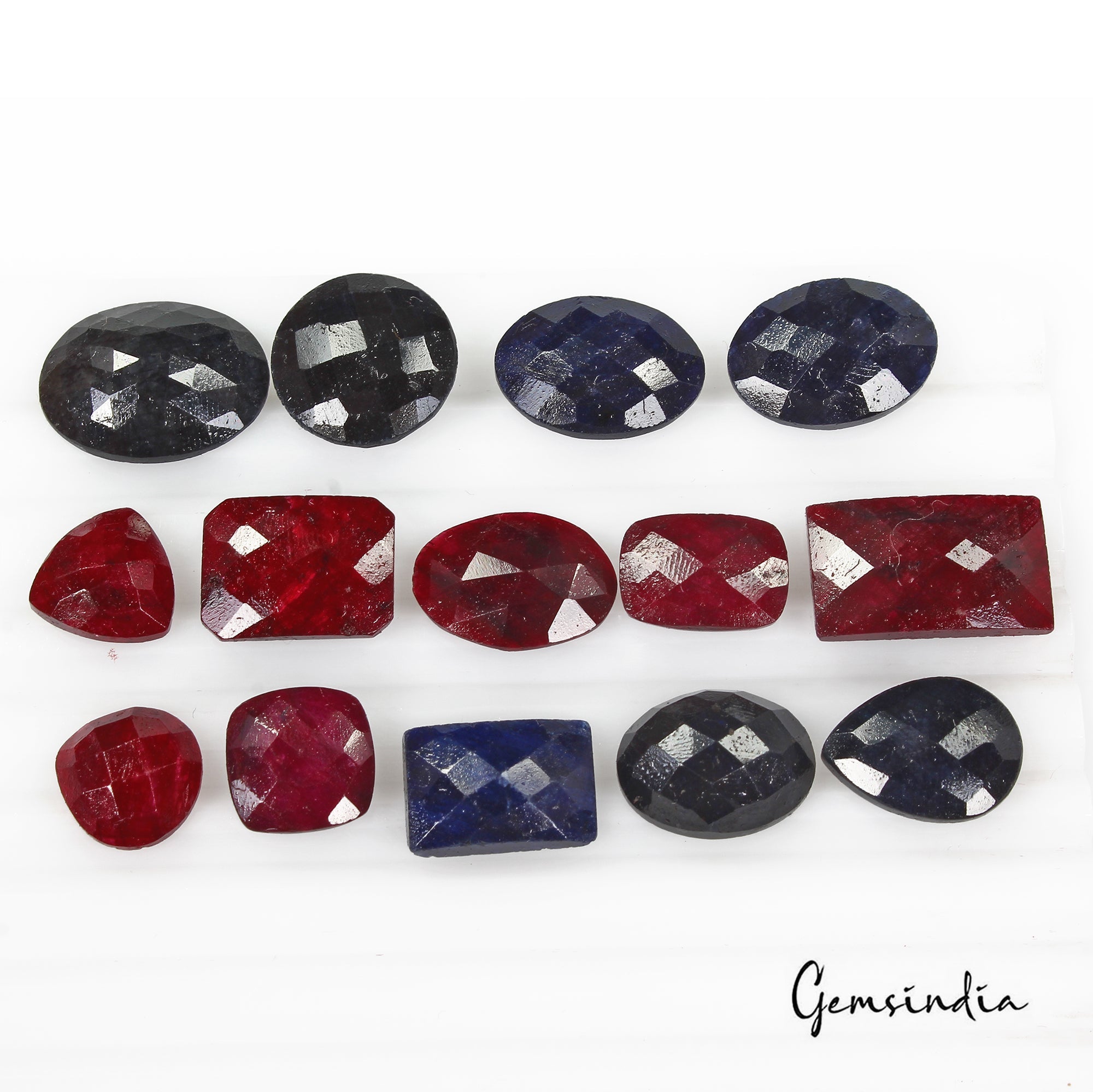 Certified 157.20 Cts/14 Pcs Natural Red Ruby Blue Sapphire Mix Checker Cut Gems