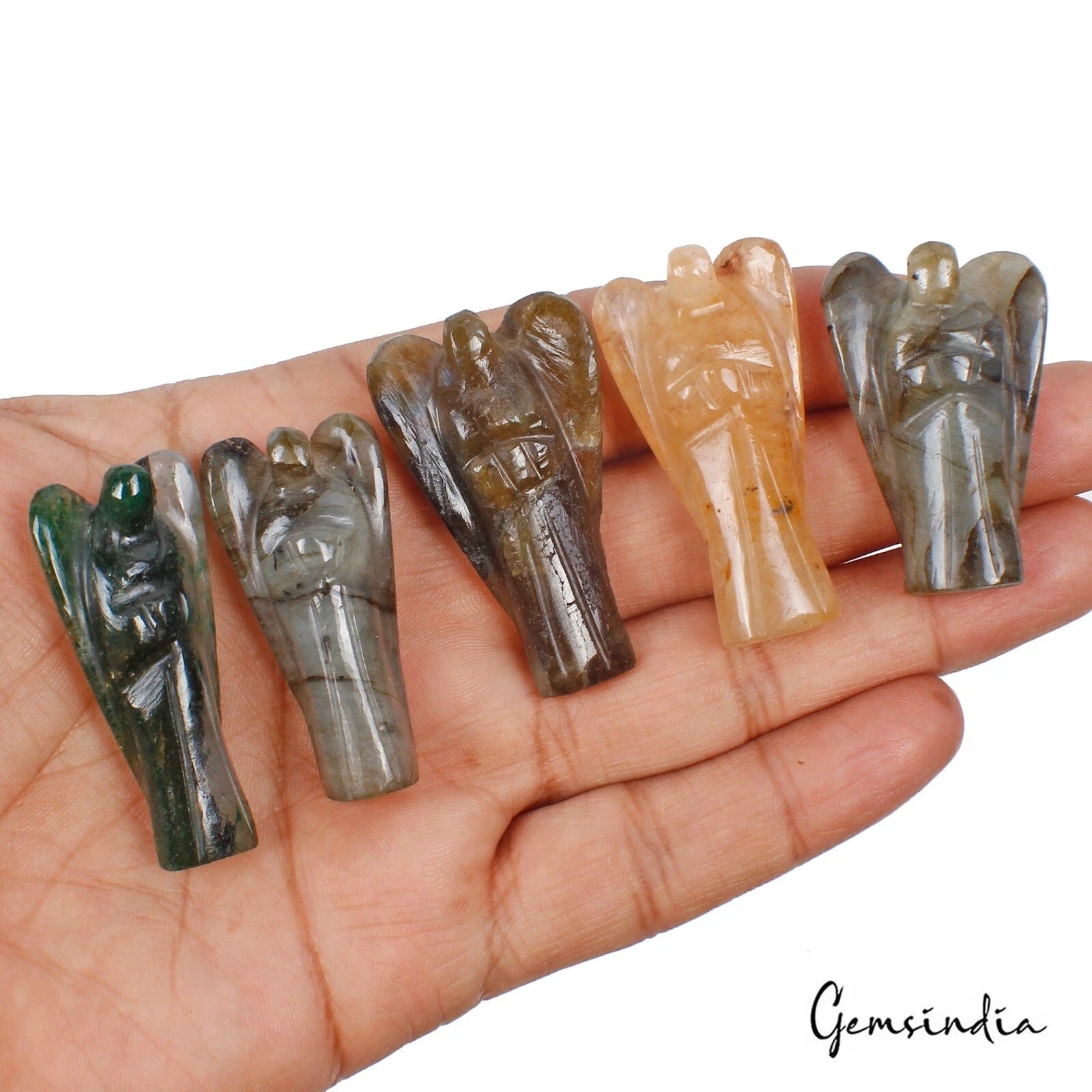 327 Ct/5 Pcs Natural Multi Color Labradorite,Aventurine Carved Gems Pocket Angel