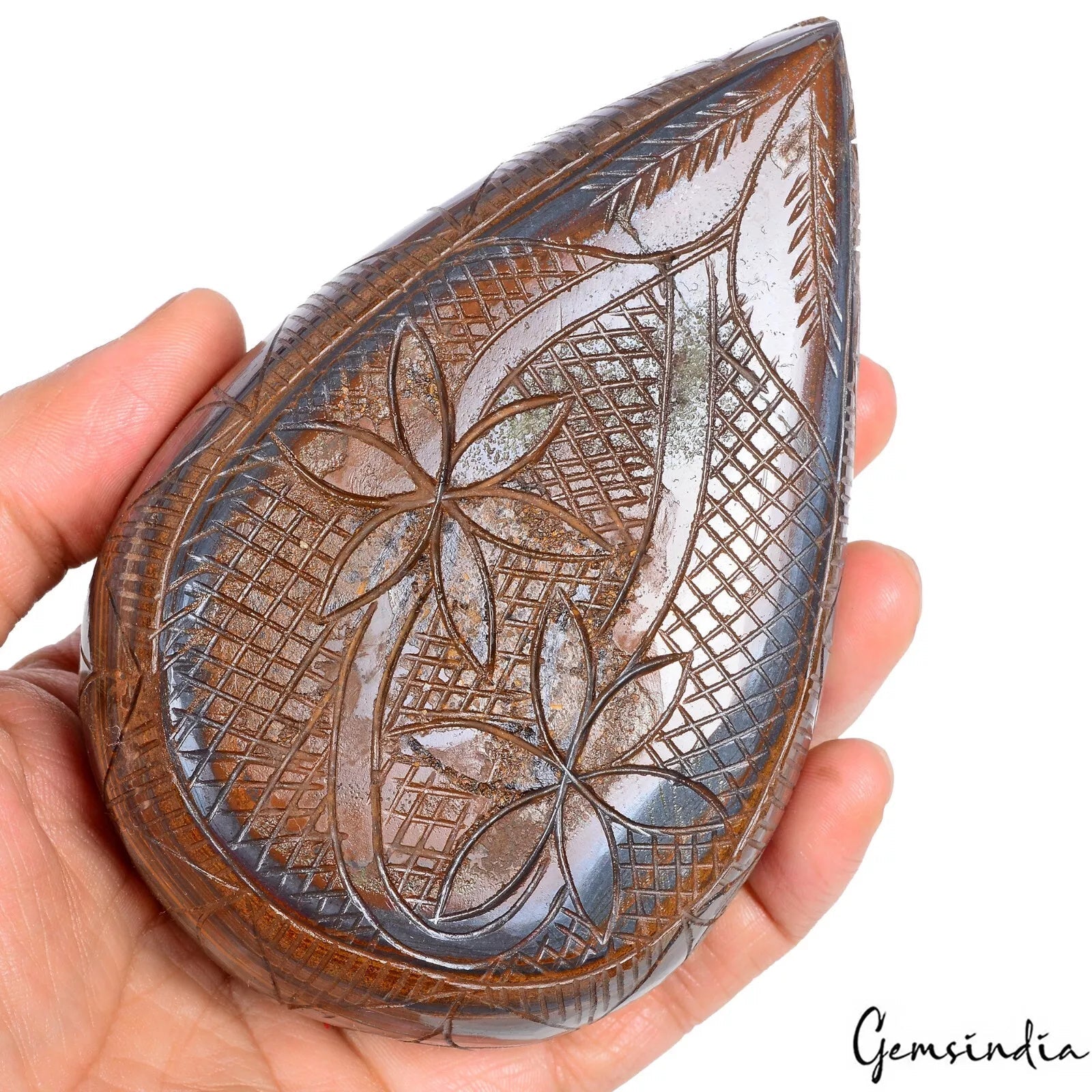 Natural 4060Ct Tiger Eye Pear Shape Floral Hand Carved Brown Madagascar Gemstone