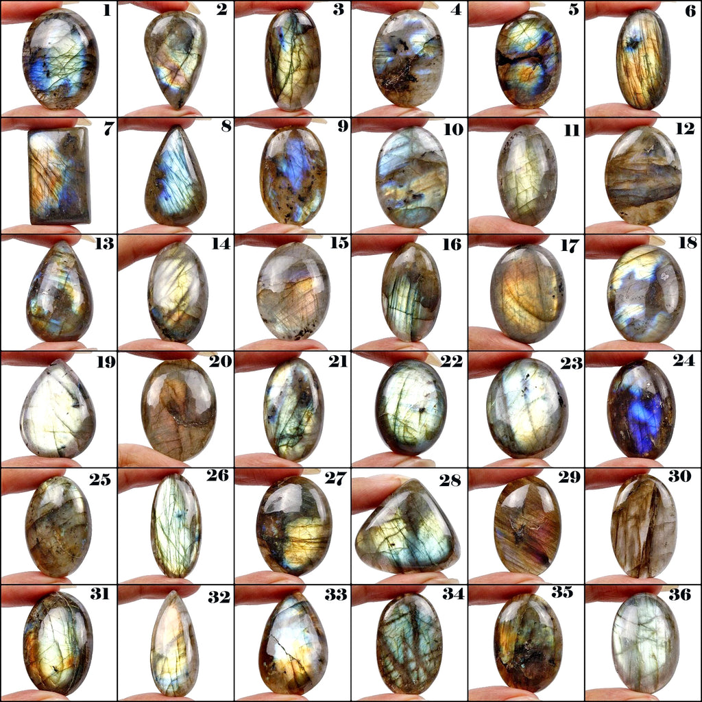 Labradorite Lot, Cabochon, Oval & Pear Cbochon, Untreated — 36 Pieces, 29mm to 43mm, 1920 Ct