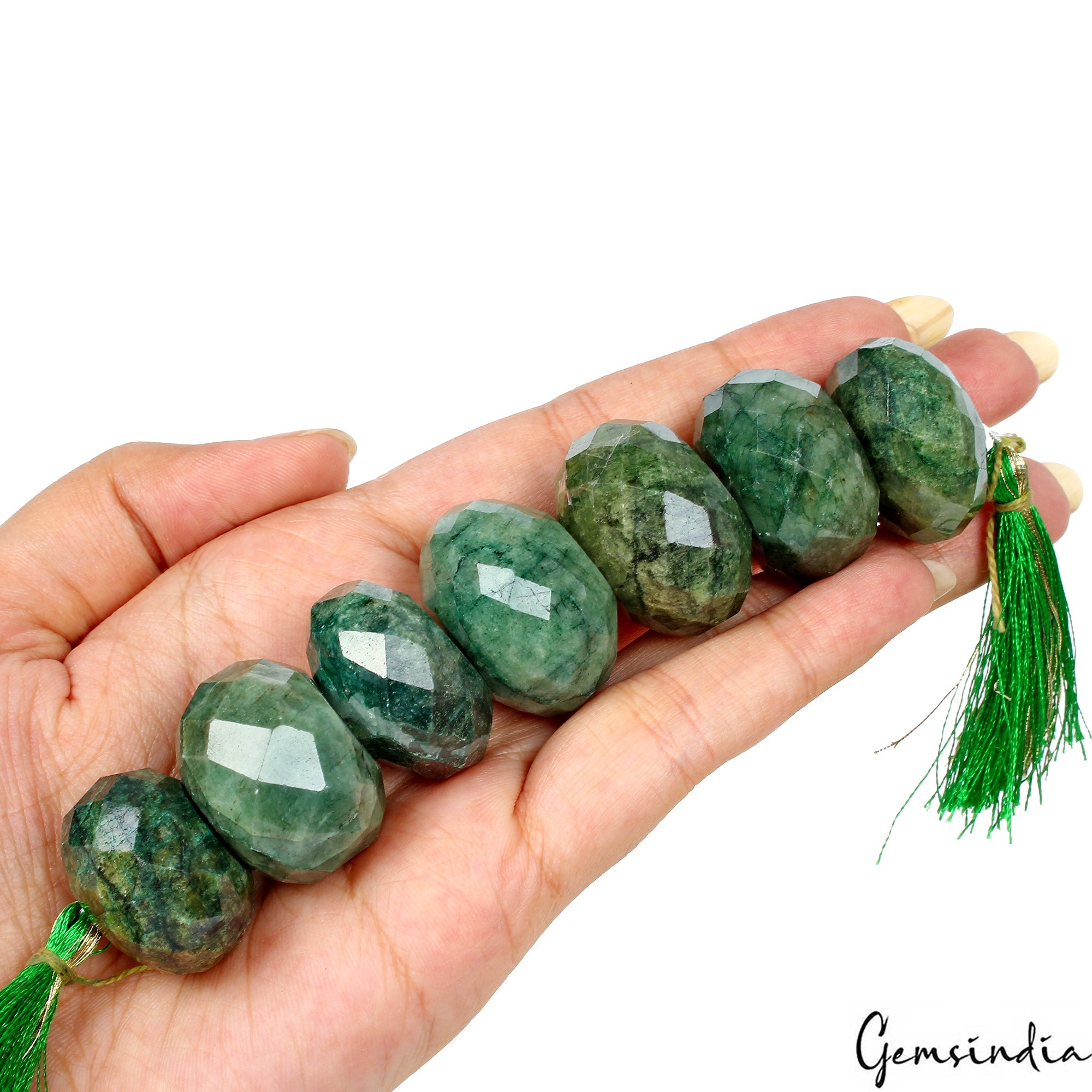 690 Ct/7 Pcs Natural Green Emerald Round Checker Cut Loose Beads For Jewelry