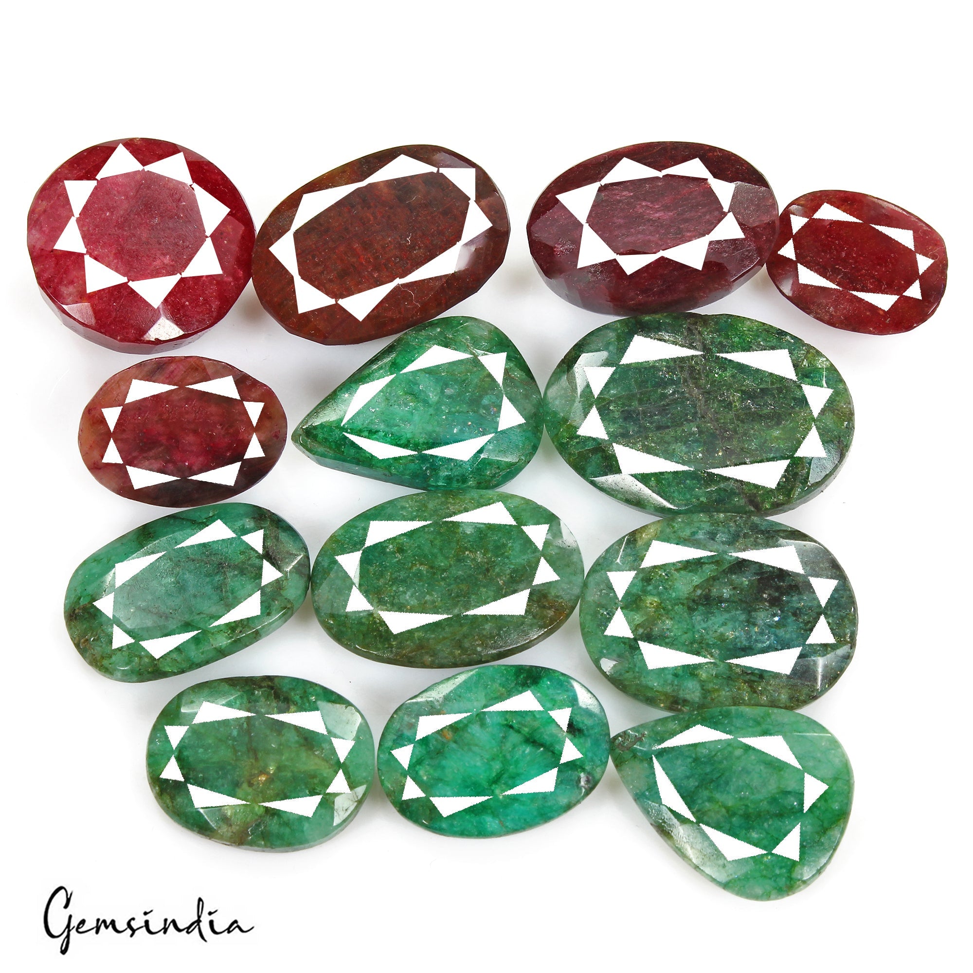 660 Cts/13 Pcs Natural Red Beryl Green Emerald Mixed Cut Loose Gems For Jewelry