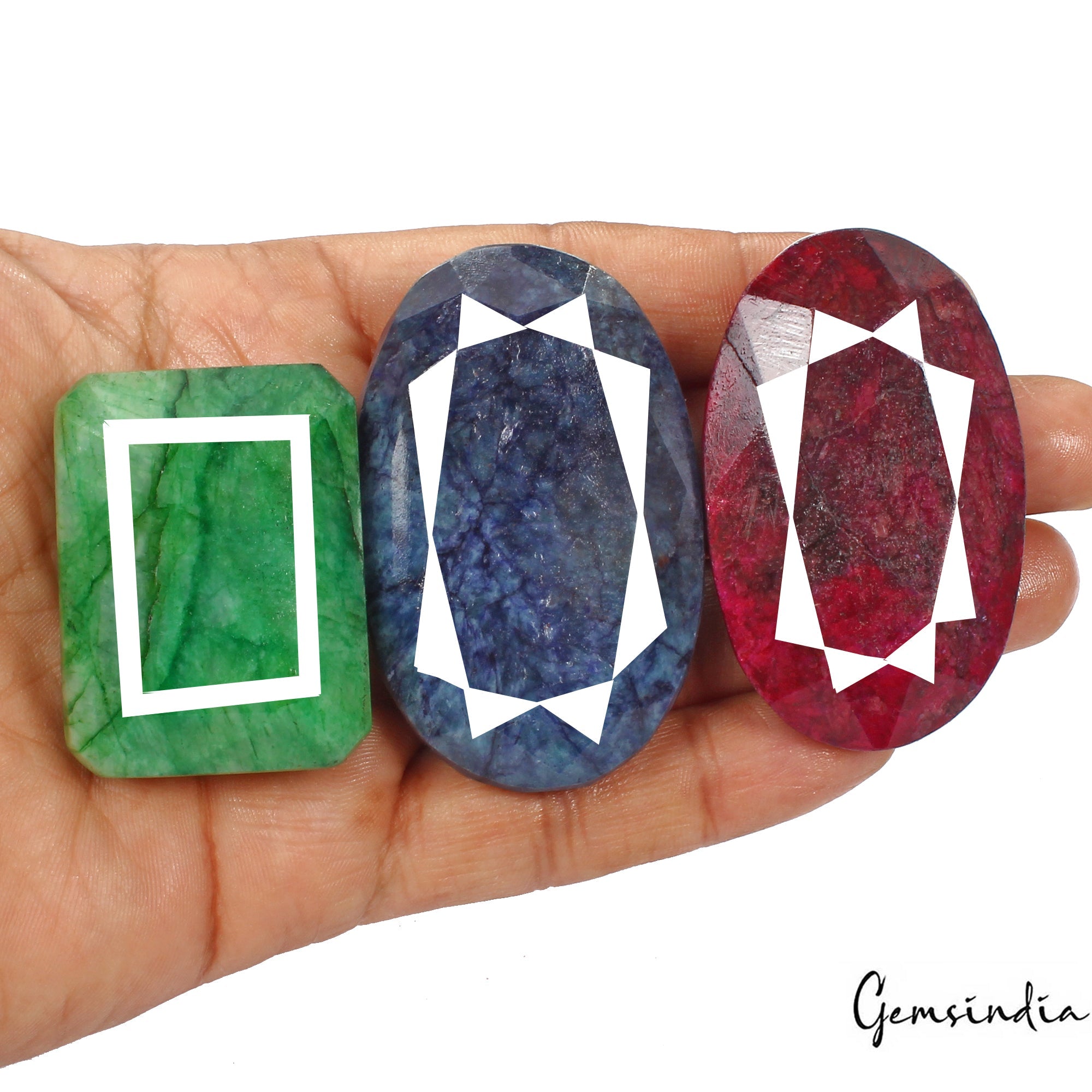1060 Cts/3 Pcs Natural Red Ruby Blue Beryl Green Emerald Mix Cut Loose Gems Lot