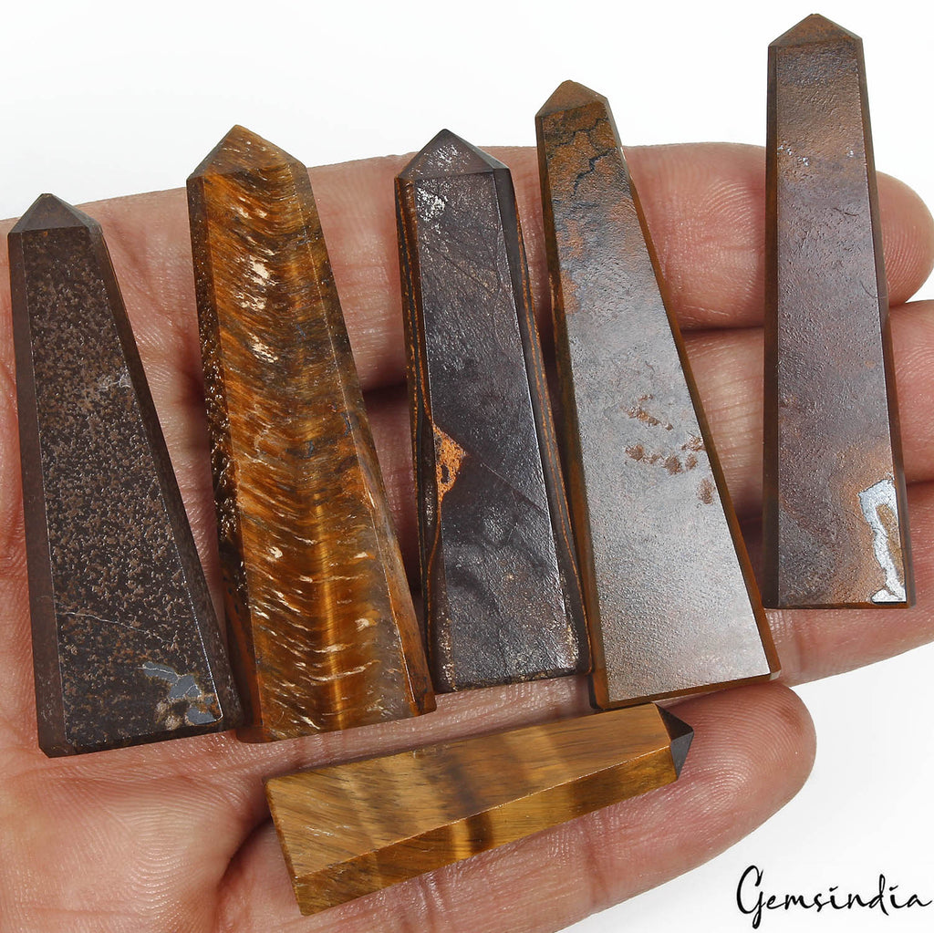 230 Cts/6 Pcs Natural Tiger's Eye Obelisk Healing Crystal Gems Wand Point Tower