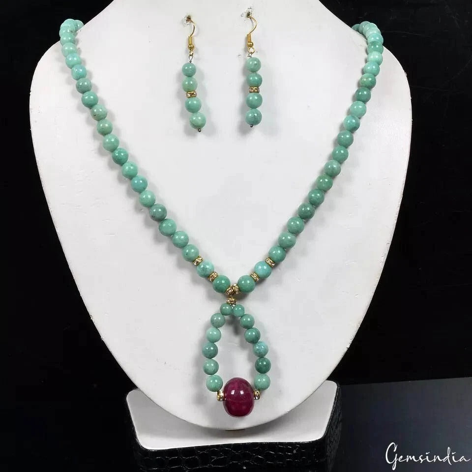 321 Cts Natural Green Emerald Red Beryl Round Cab Beaded Handmade Jewelry Set