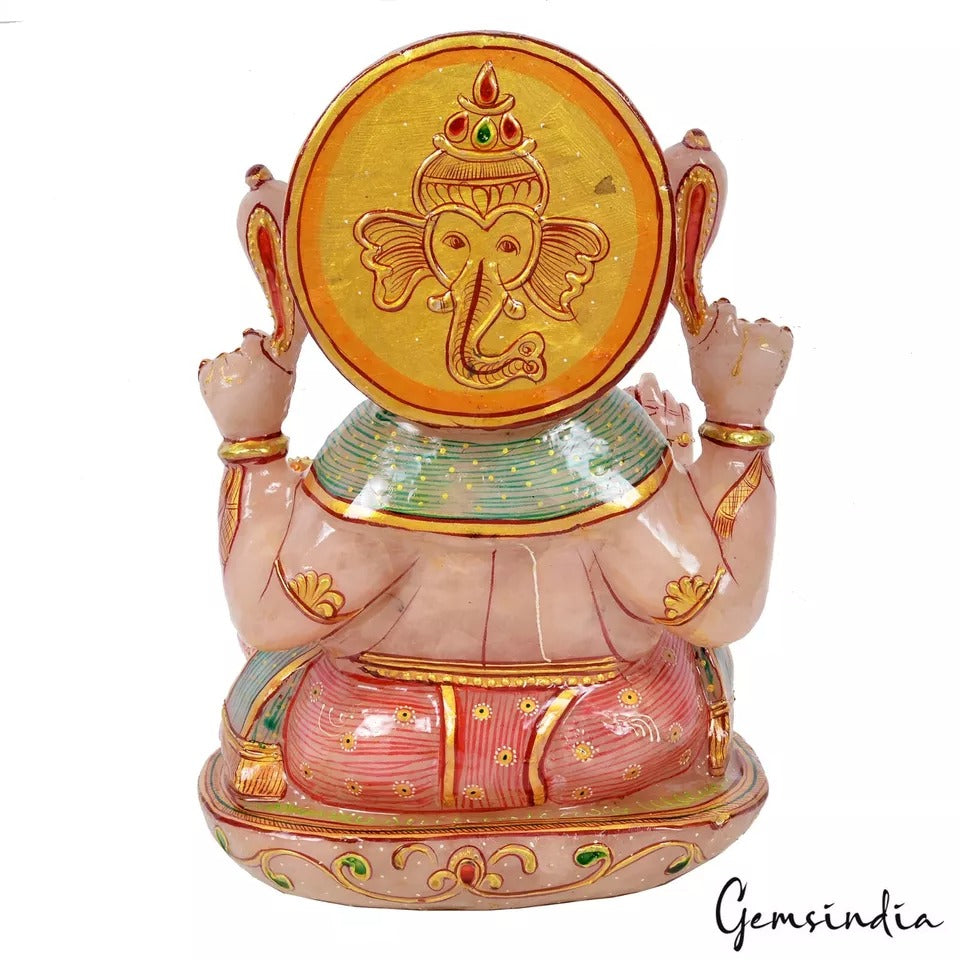 5.7Kg Natural Pink w Golden Paint Rose Quartz Singlestone Lord Ganesha Sculpture