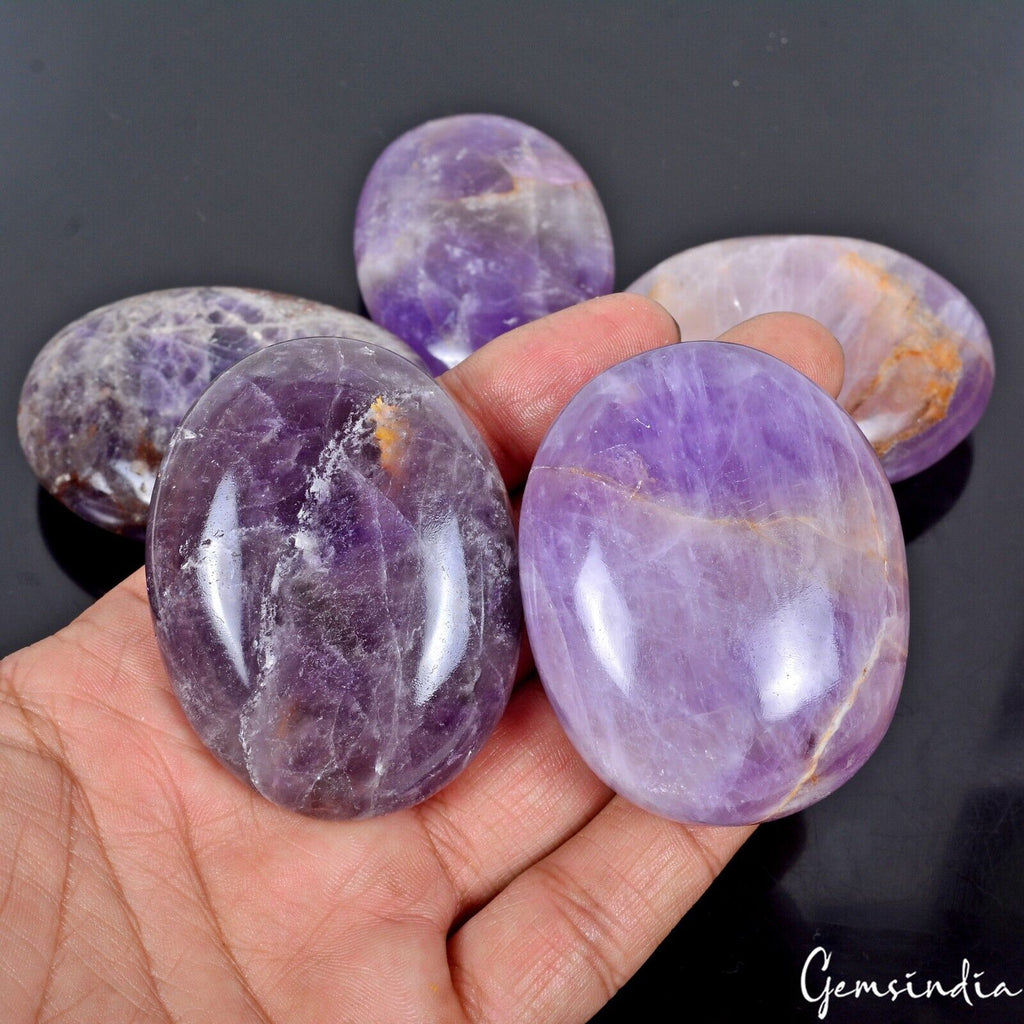 2120 Ct/5 Pcs Natural Amethyst Quartz Polished Palm Stone Decor Reiki Healing