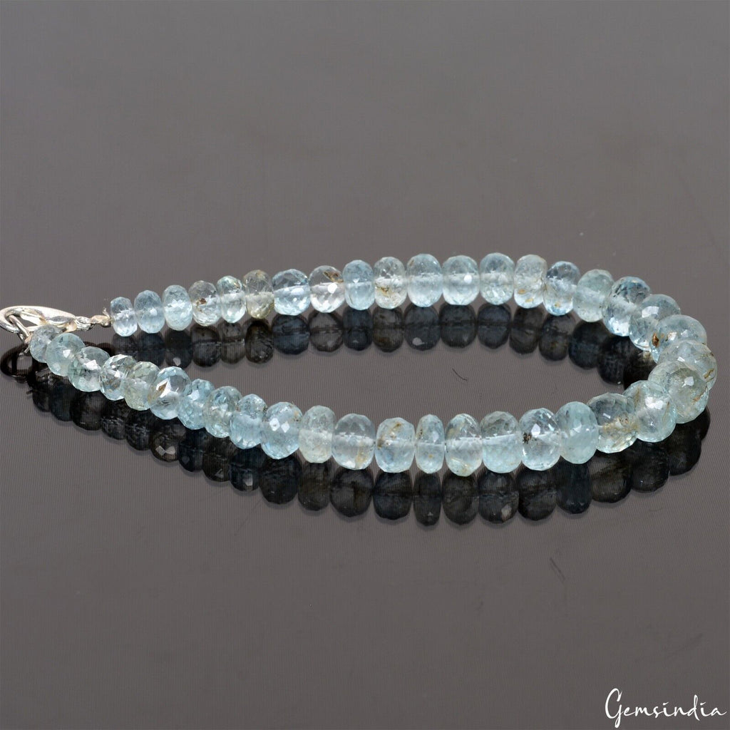 61.40 Ct Natural Blue Aquamarine Round Faceted Beaded Cut Handmade Bracelet 7.5"