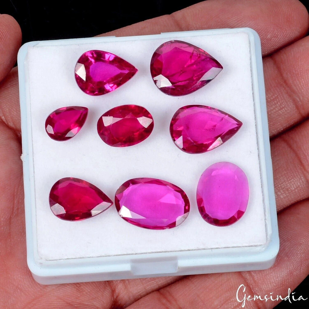Ruby Lot, Loose Gemstone, Oval Pear Faceted Cut, Lab Created — 8 Pieces, 9mm to 14mm, 38.50 Ct, India