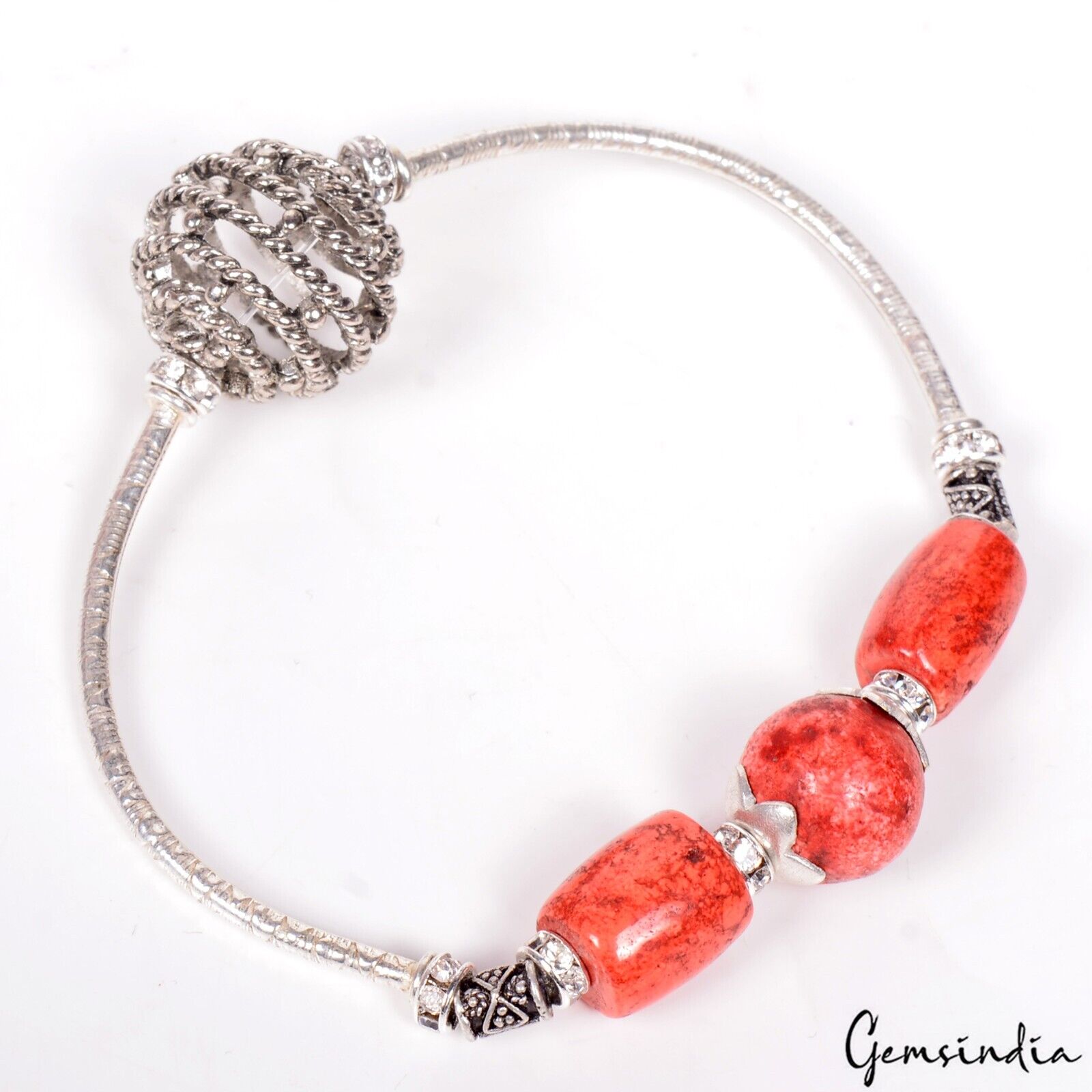 90.60 Cts Dark Orange Coral Gem Silver Stretchable Designer 6.5 Inch Bracelet