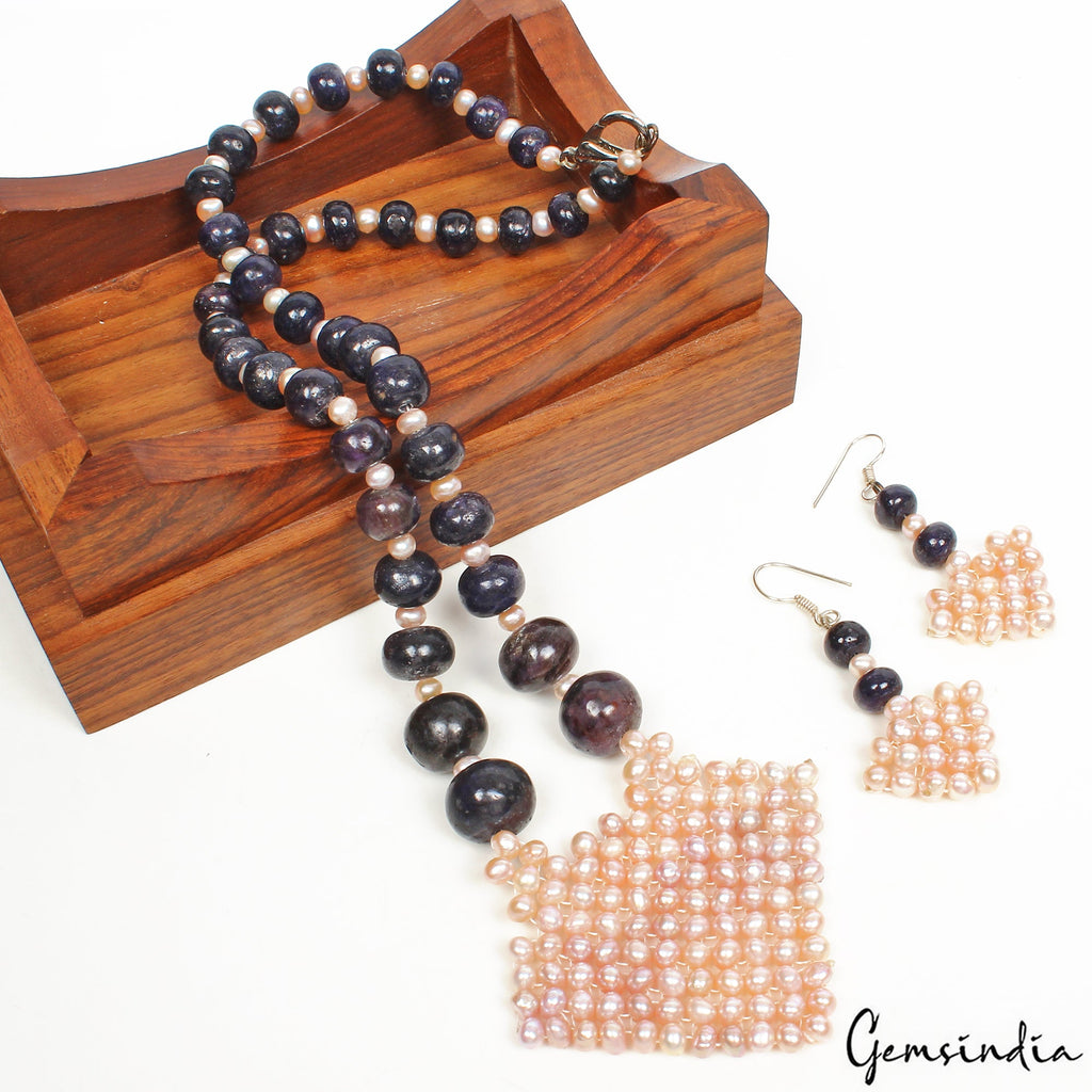 640.30 Cts Natural Blue Sapphire & Peach Pearl Round Beads Handmade Jewelry Set