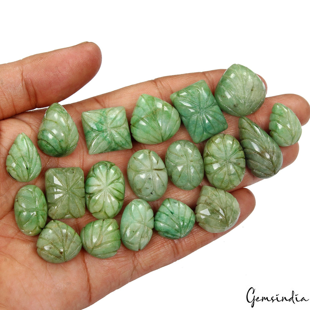 500 Cts/19 Pcs Natural Green Emerald Mix Shape Hand Carved Loose Gemstones Lot