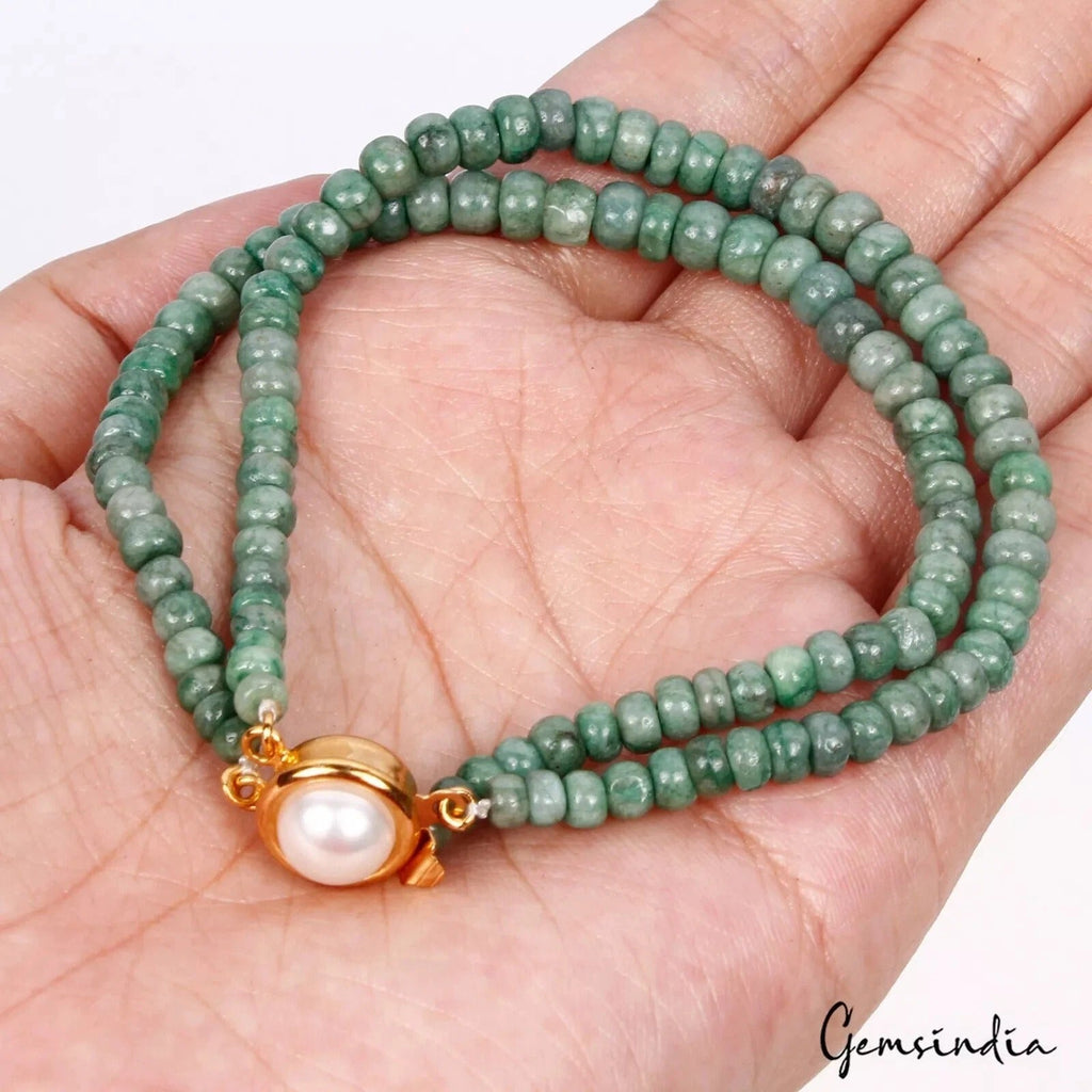 79 Ct Natural Green Emerald Round Beaded 2 Strand Bracelet 7.5" Slide Pearl Lock