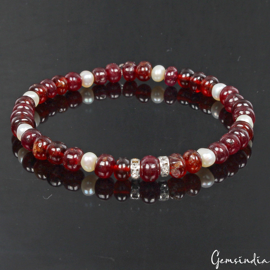Natural Hessonite Garnet & Pearl Rondelle Beads Stretchable Bracelet Jewelry6.5"