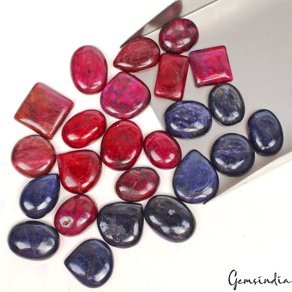 840 Cts/24 Pcs Natural Red ruby Blue Sapphire Mix Cab Loose Gems Lot For Jewelry