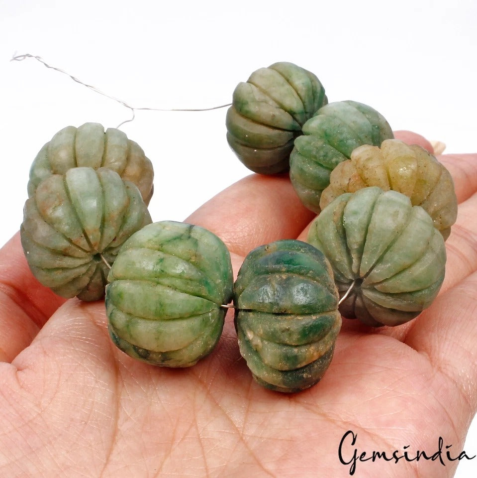 470 Ct Natural Green Emerald Gems Pumpkin Carving Drilled Loose Beads Lot 8 Pcs
