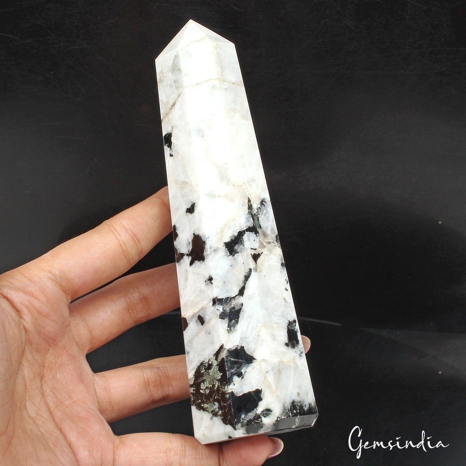 Rainbow Moonstone Carving, Untreated, White — 5.9 x 1.6 Inches, 0.374 Kg (1870 Ct)
