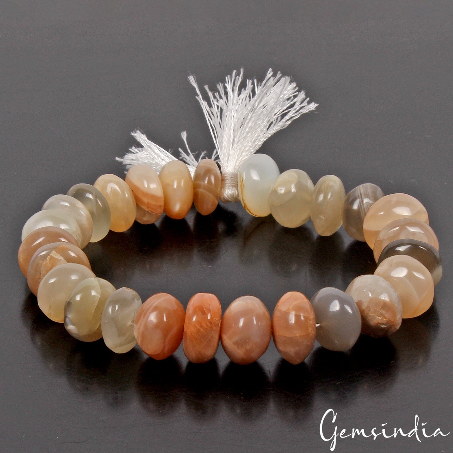 Moonstone Gemstone Beads Natural 9” Strand Smooth Rondel Brown Gray White Earth