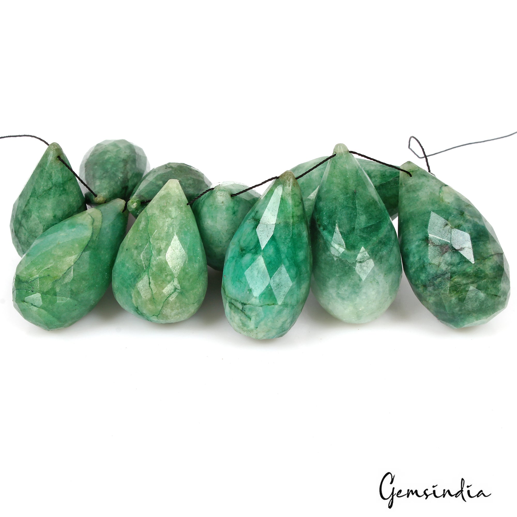 600 Cts/10 Pcs Natural Green Emerald Gem Pear Checker Cut Drill Bead/Briolettes