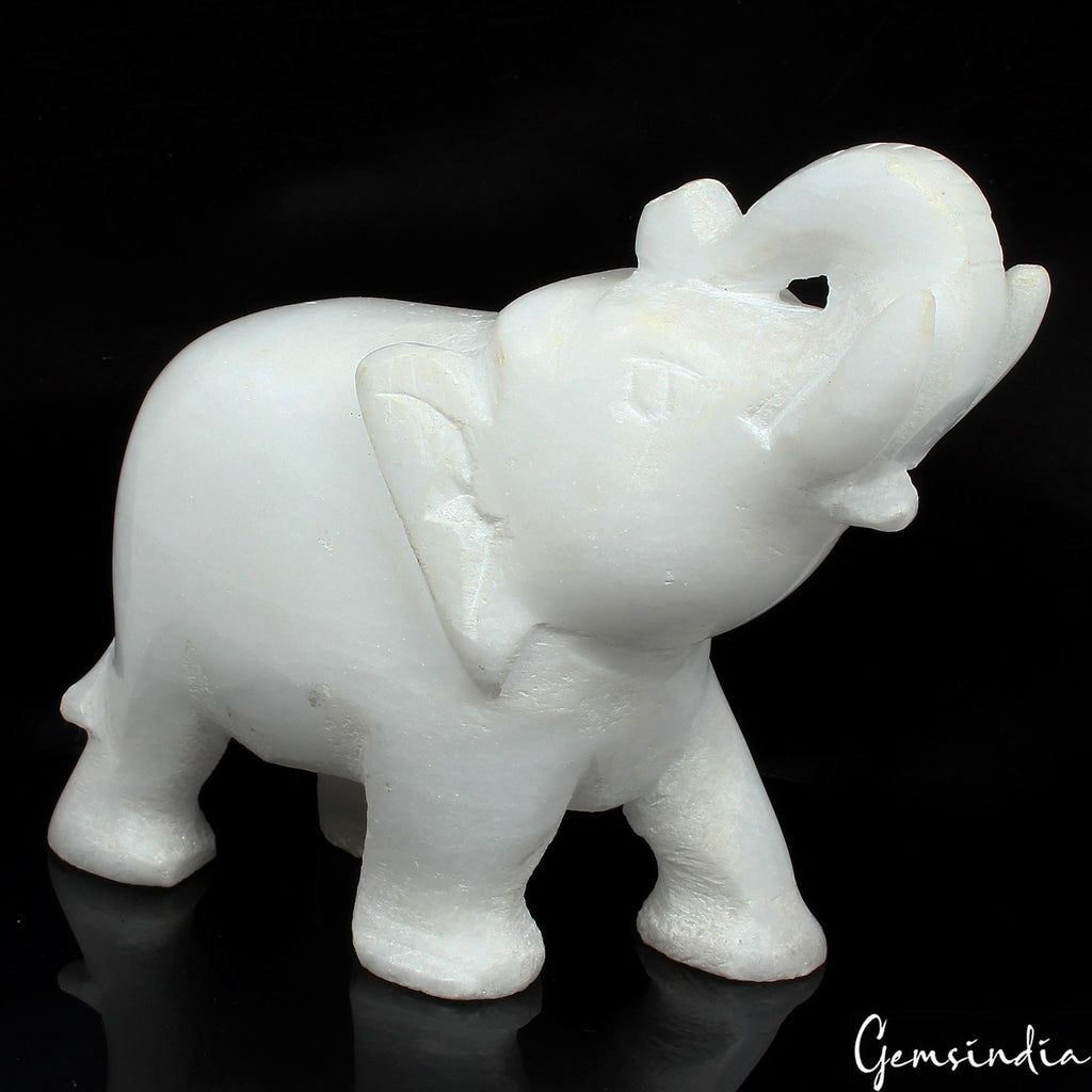 1280 Ct+ Natural White Marble Carved Trunk Up Elephant Hand made Sculpture ~3"