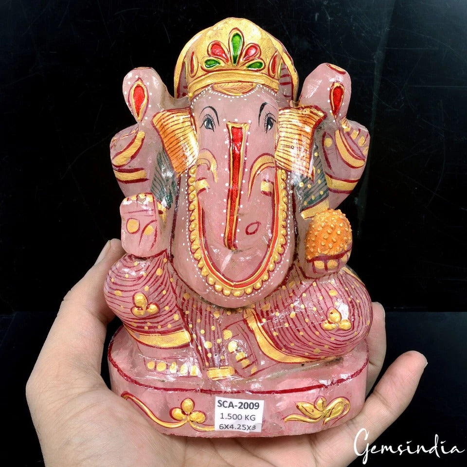 1.5 kilo Natural Pink Rose Quartz Gem Hand Carved Ganesha Gold Paint Statue 6 In