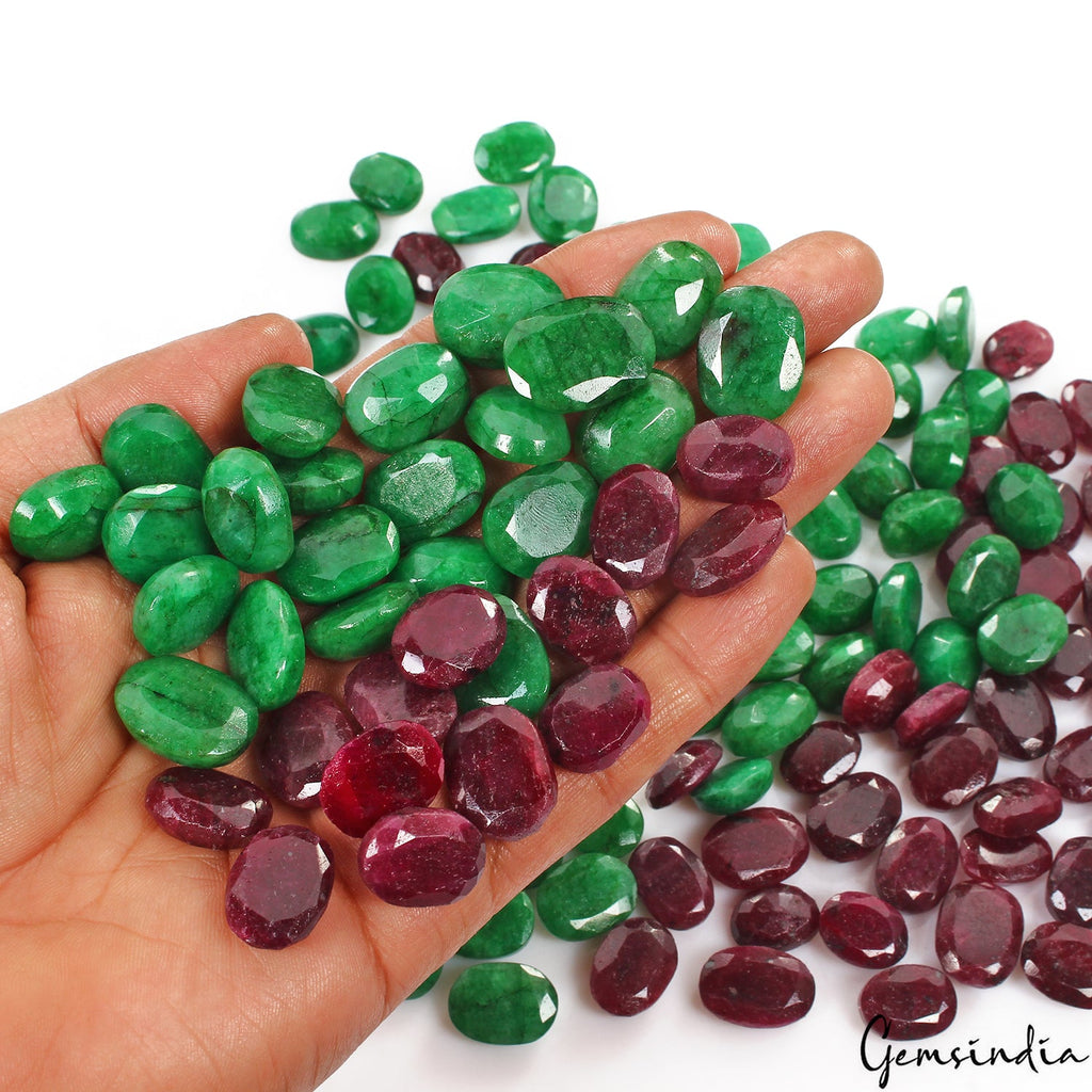 2000 Cts/120 Natural Red Ruby Green Emerald Oval Cut Loose Gems Lot For Jewelry