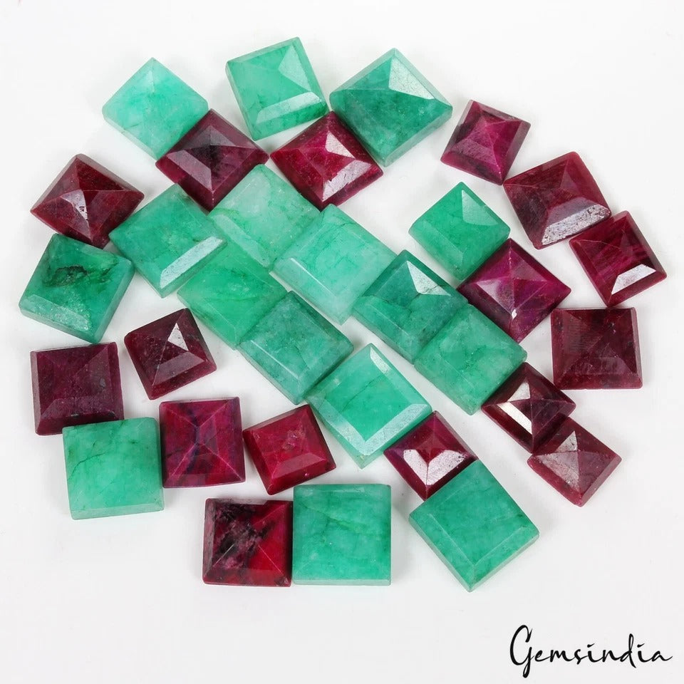 550 Ct Natural Emerald & Ruby Loose Square Cut Ring Size Loose Gemstones 32 Pcs