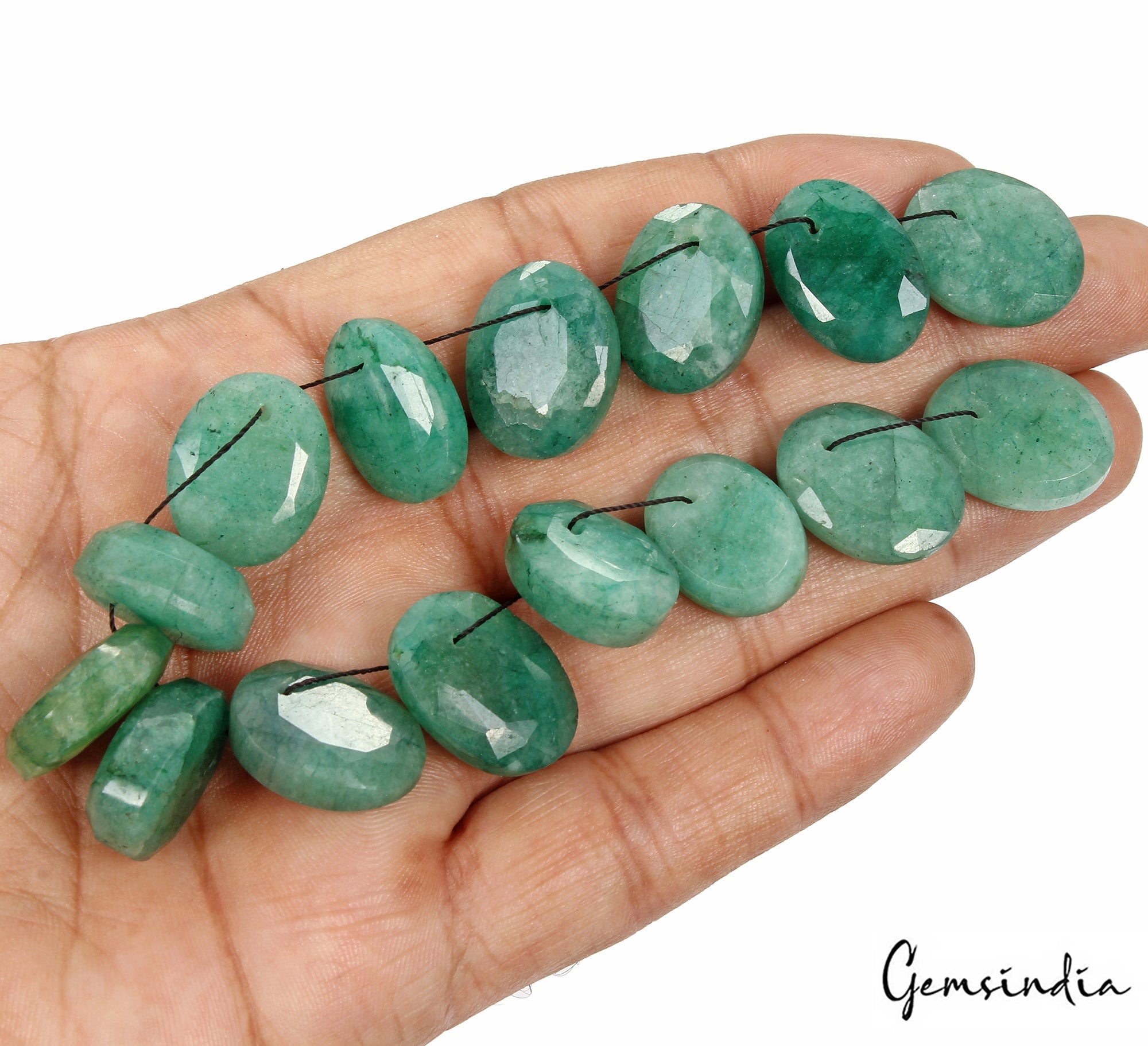 15 Pcs Lot Natural Green Emerald Oval Faceted Cut Loose Drilled Beads/Briolettes