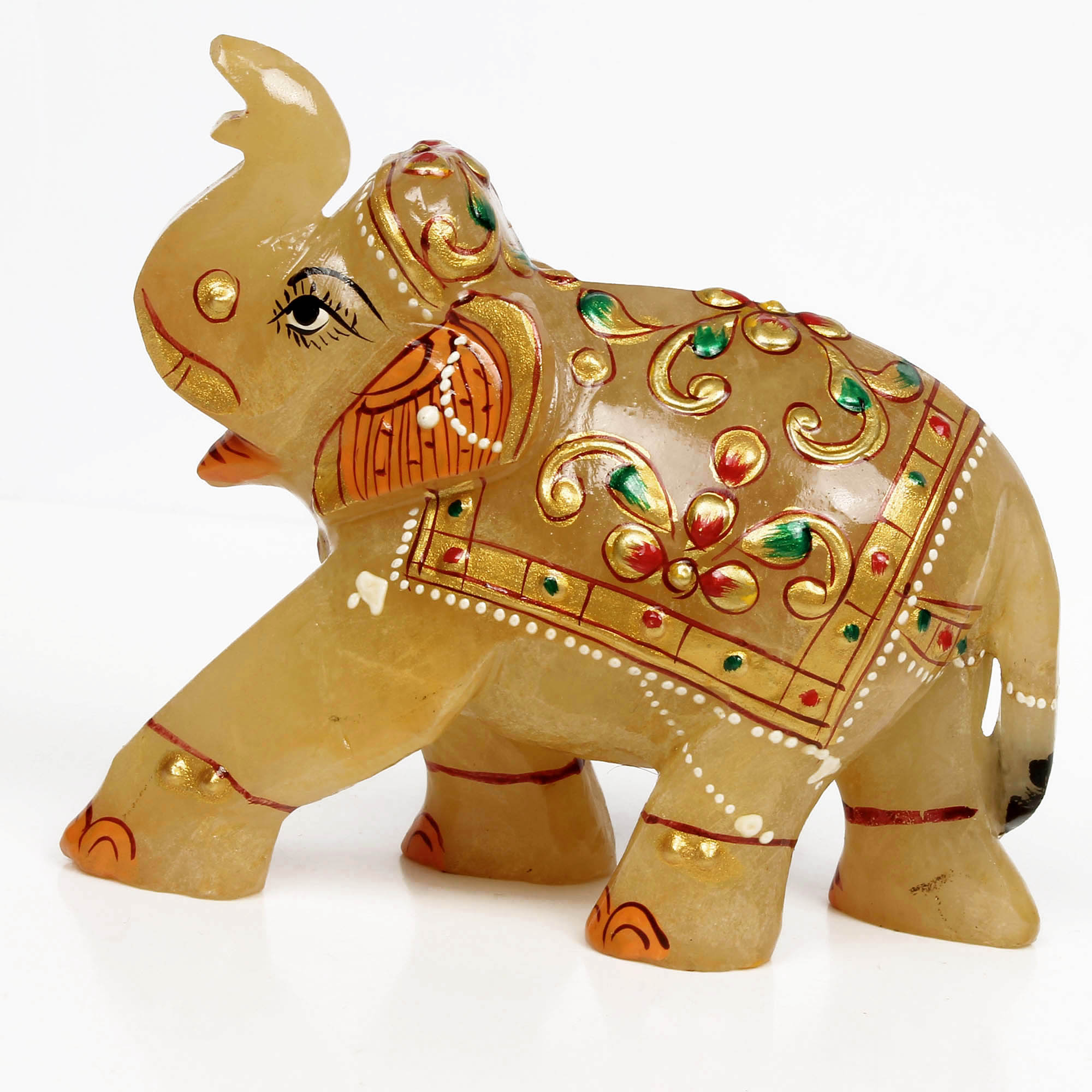 Hand Crafted 1200 Ct Gold Painted Trunk Up Elephant Natural Aventurine Sculpture