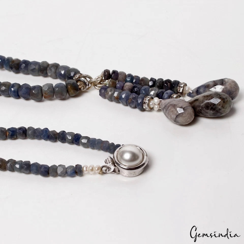18 In Untreated Blue Sapphire Round Cut Gemstone Beaded Handmade Women Necklace