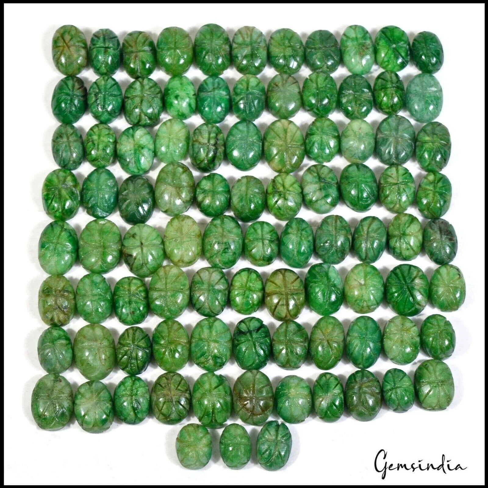 90 Pcs Natural Carved Emerald 14-18mm Stunning Green Ring Size Gemstones~1000 Ct