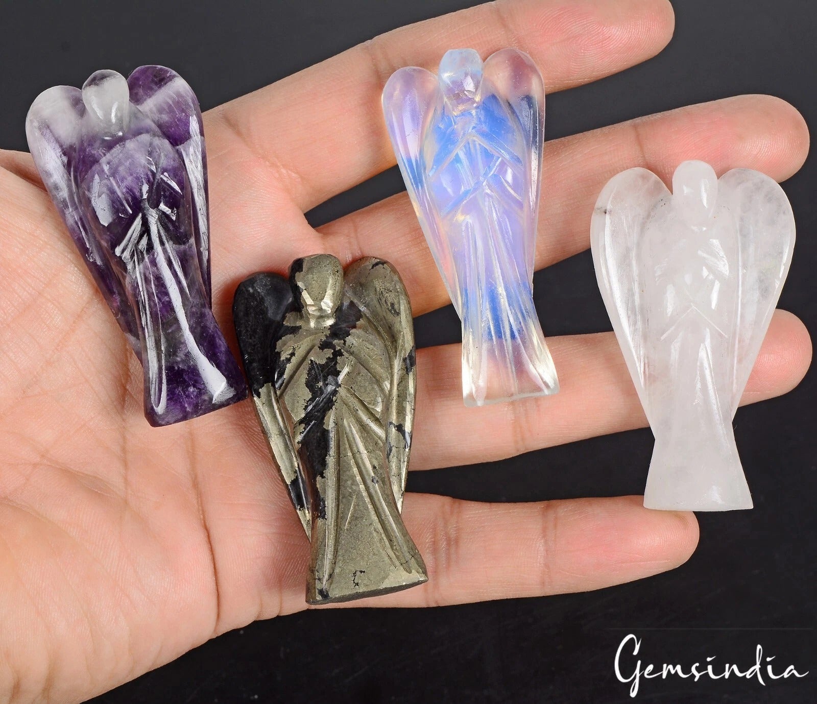 670 Cts/4 Pcs Multi Gems Angel Carved Pocket Size Healing Crystal Good Luck Gift